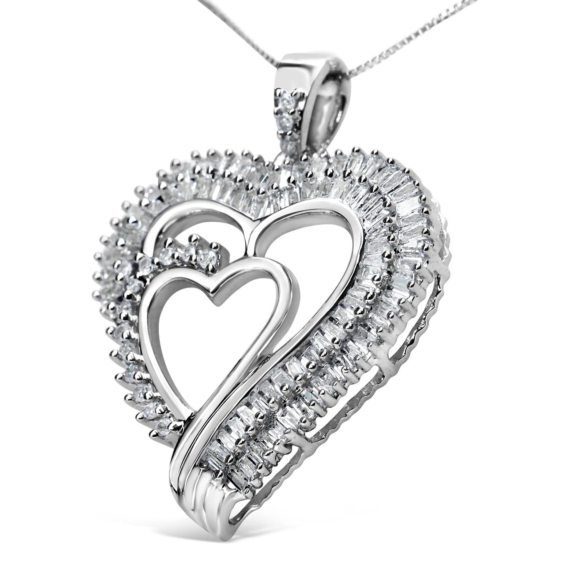 .925 Sterling Silver 3/4 Cttw Round and Baguette Diamond Double Heart Pendant