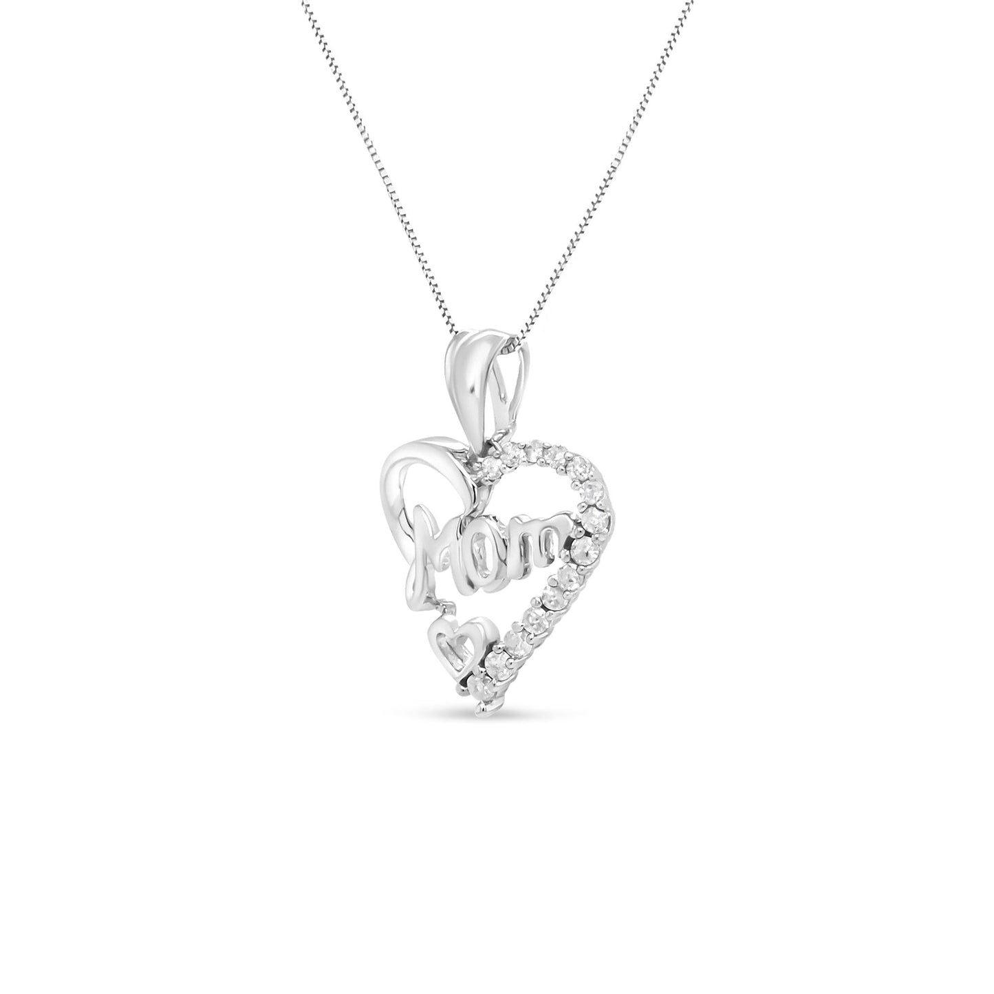 .925 Sterling Silver 1/4 Cttw Round Diamond ’Mom’ Openwork Heart Pendant