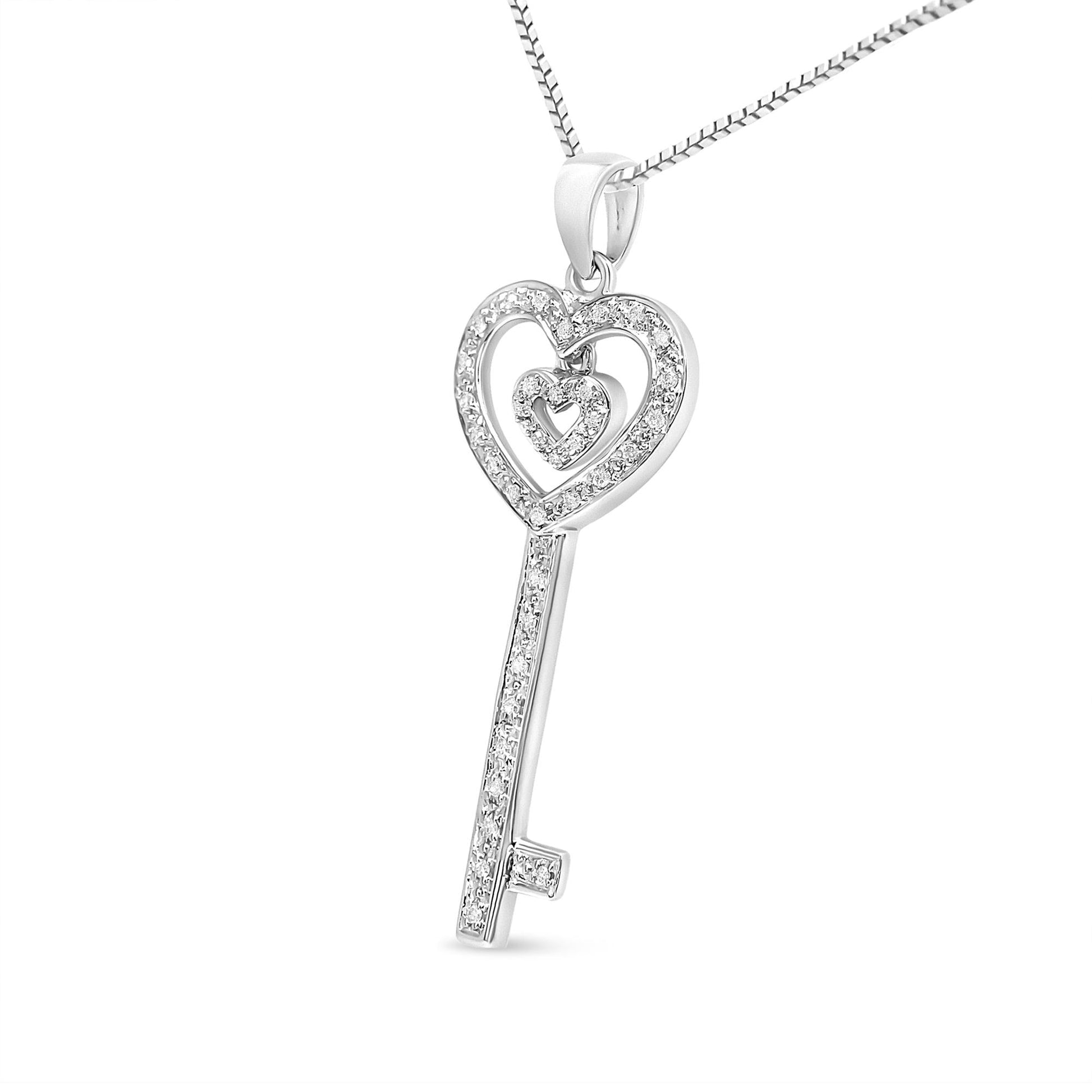 .925 Sterling Silver 1/5 Cttw Round-Cut Diamond Double Heart & Key 18’’