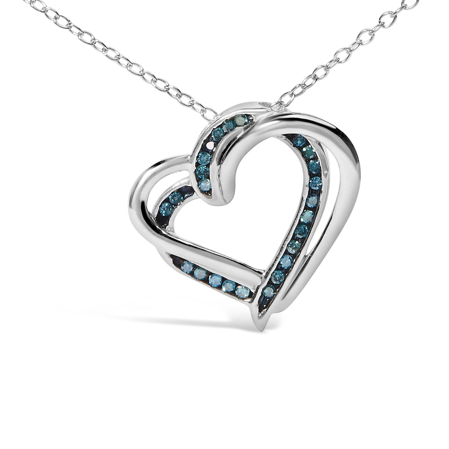 925 Sterling Silver 1/10 Cttw Treated Blue Diamond Double Heart 18" Pendant Necklace (Blue Color, I2-I3 Clarity)