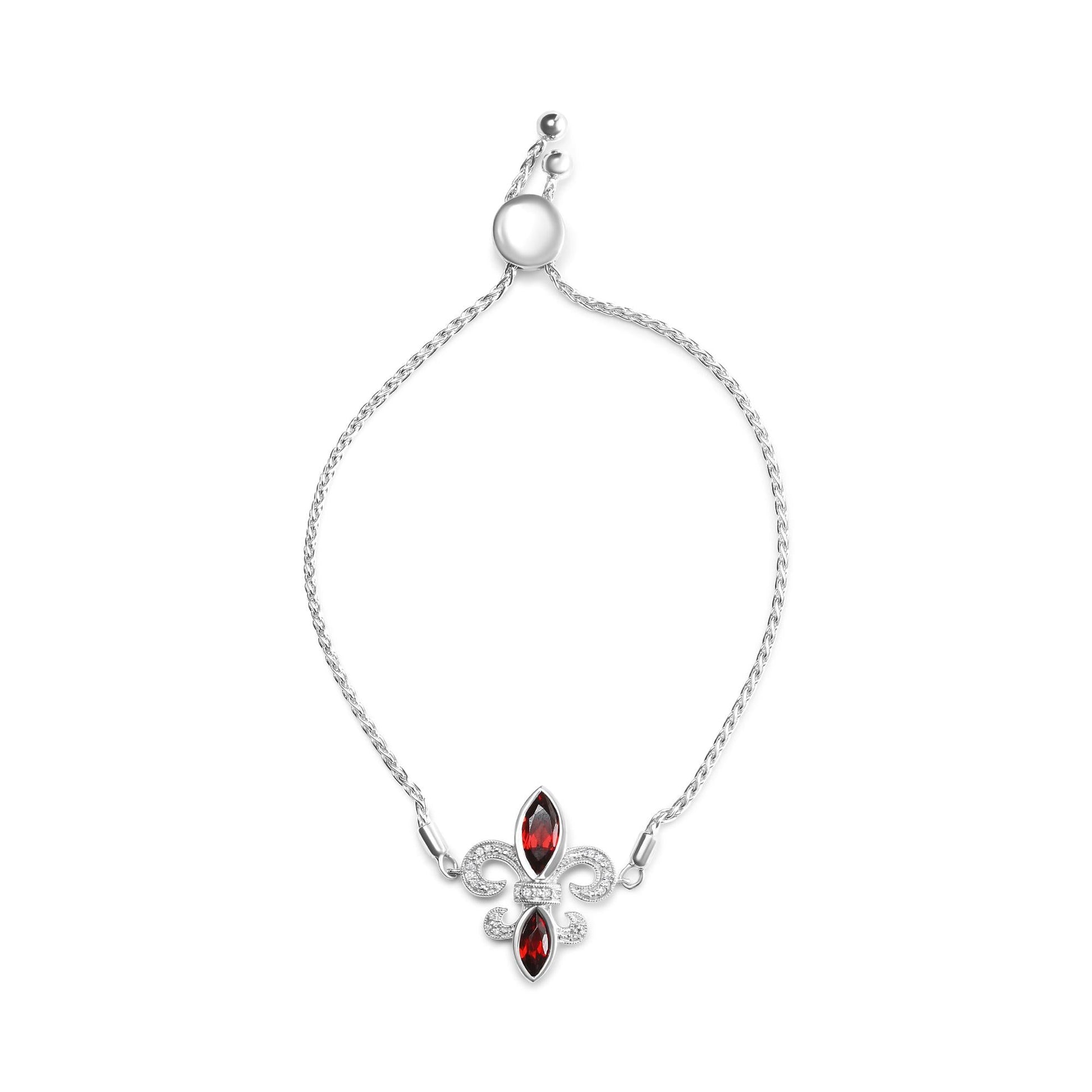 .925 Sterling Silver Marquise Garnet and Diamond Accent Lariat 4”-10” Fleur