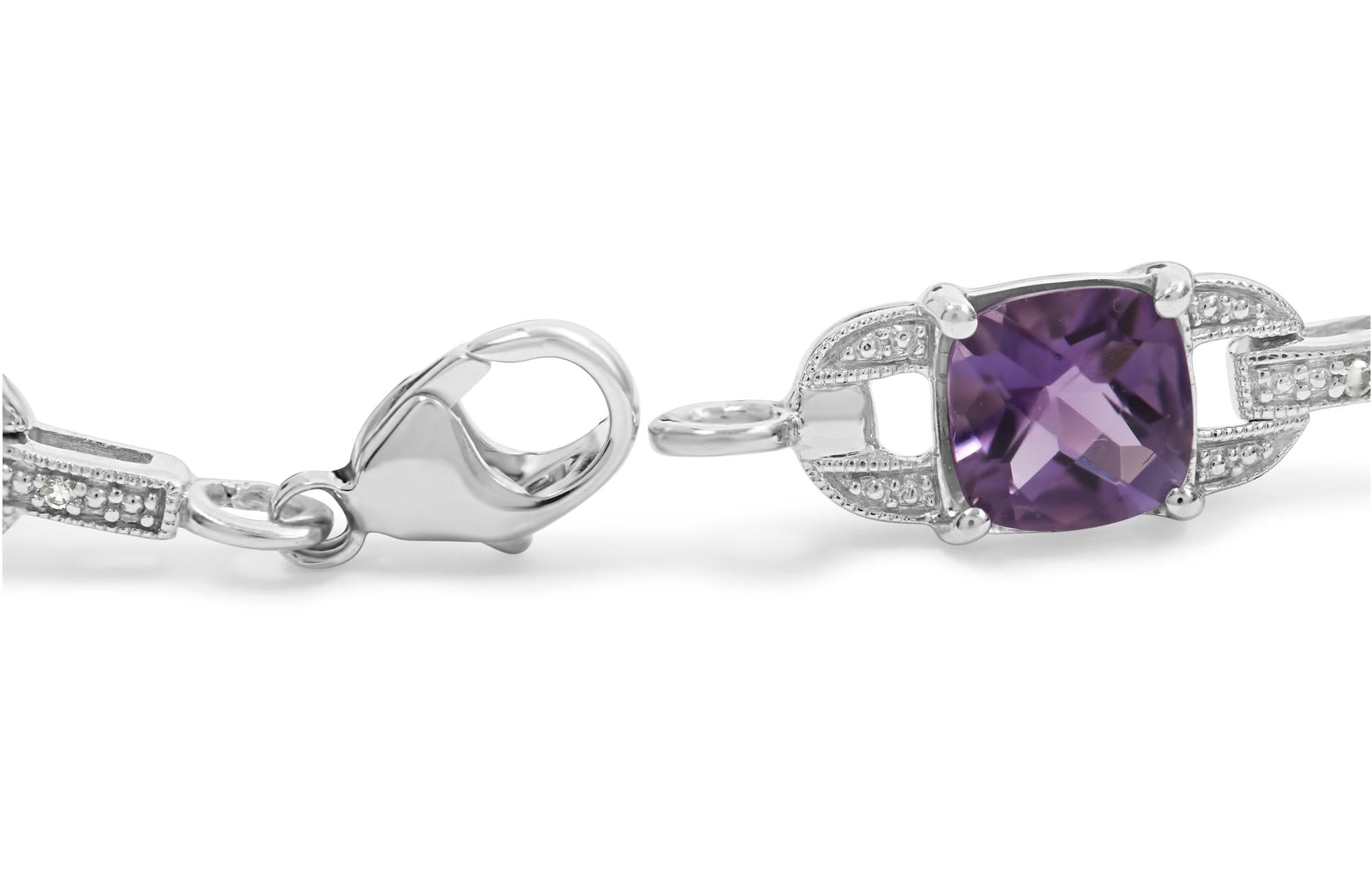 .925 Sterling Silver 7mm Cushion Cut Amethyst Gemstone and Diamond Tennis Link