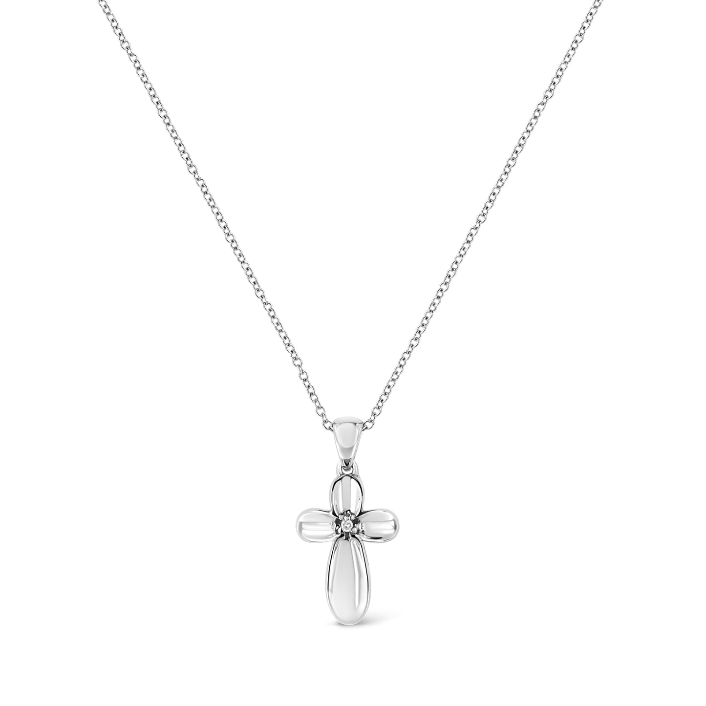 .925 Sterling Silver Prong-Set Diamond Accent Floral Cross 18’’ Pendant