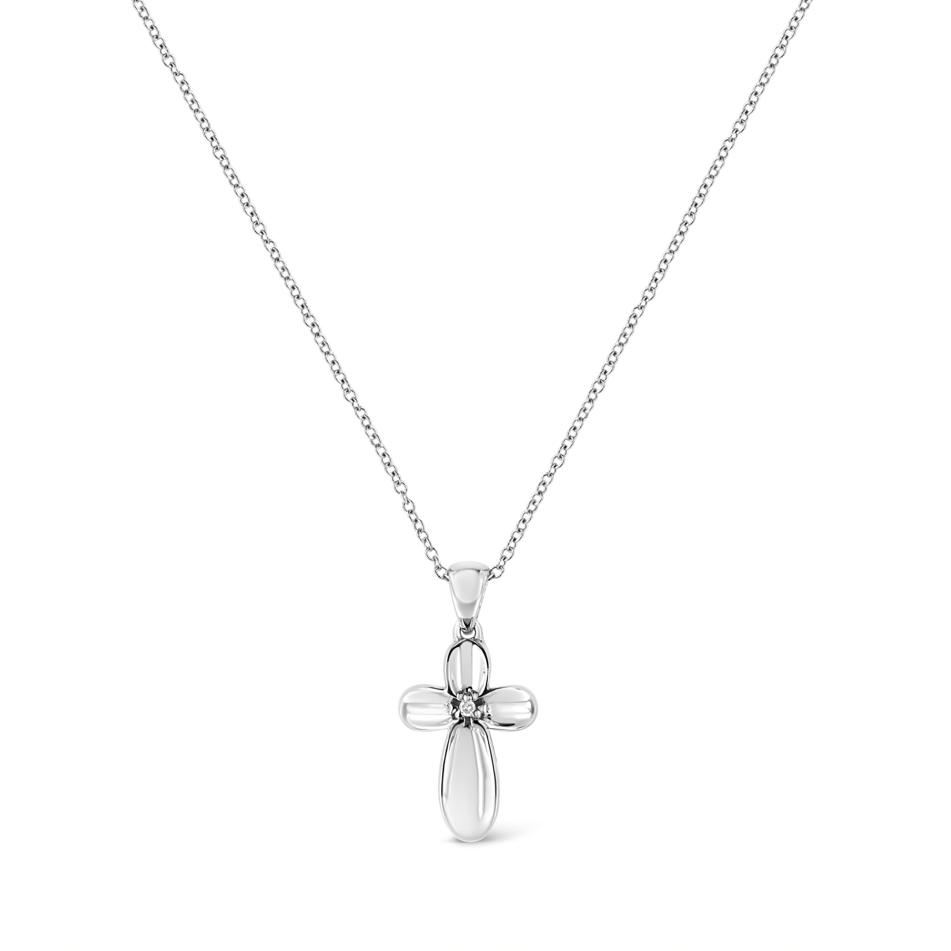 .925 Sterling Silver Prong-Set Diamond Accent Floral Cross 18’’ Pendant