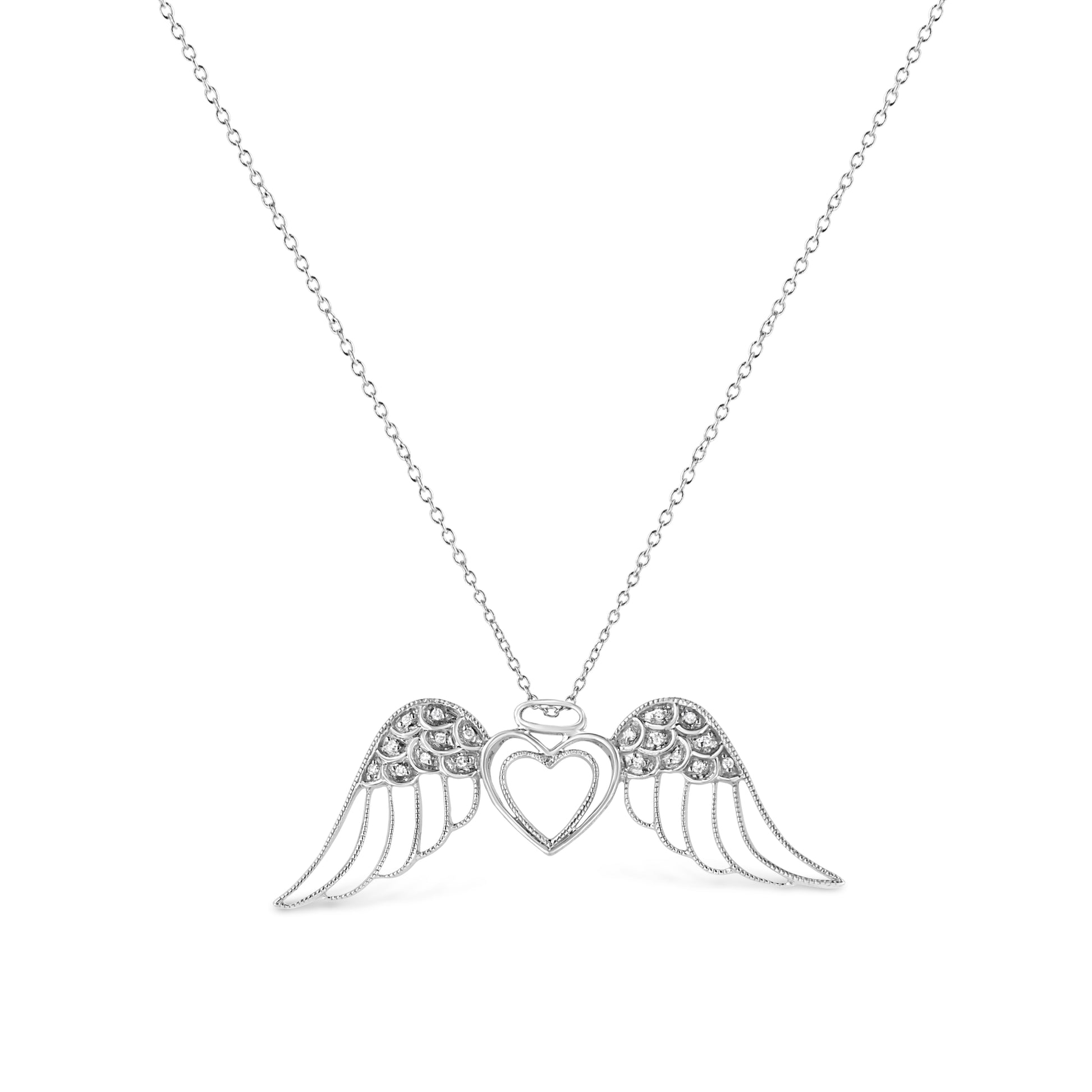 .925 Sterling Silver Pave-Set Diamond Accent Angel Wing 18’’ Double Heart