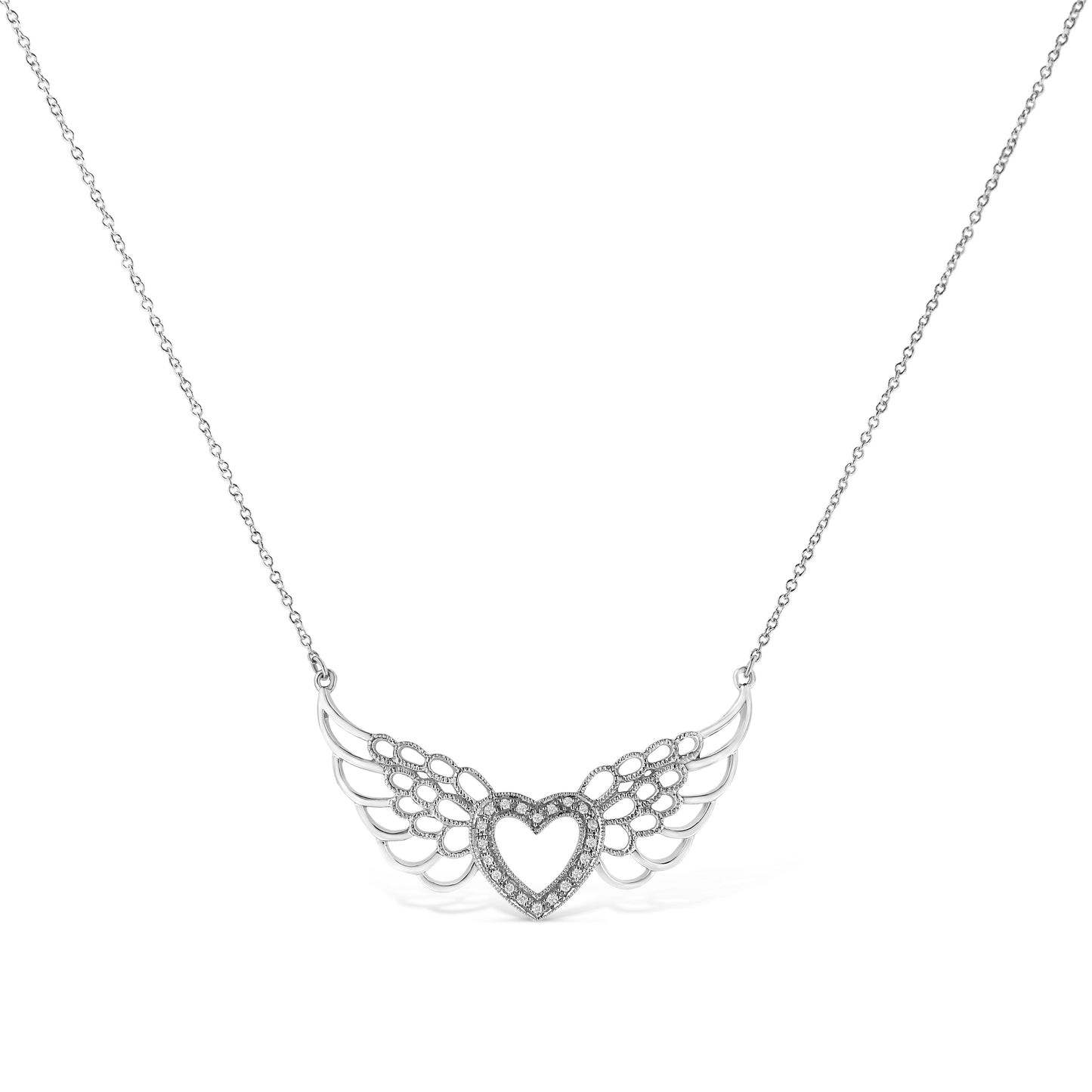 .925 Sterling Silver Pave-Set Diamond Accent Fairy Wing 18’’ Heart Pendant