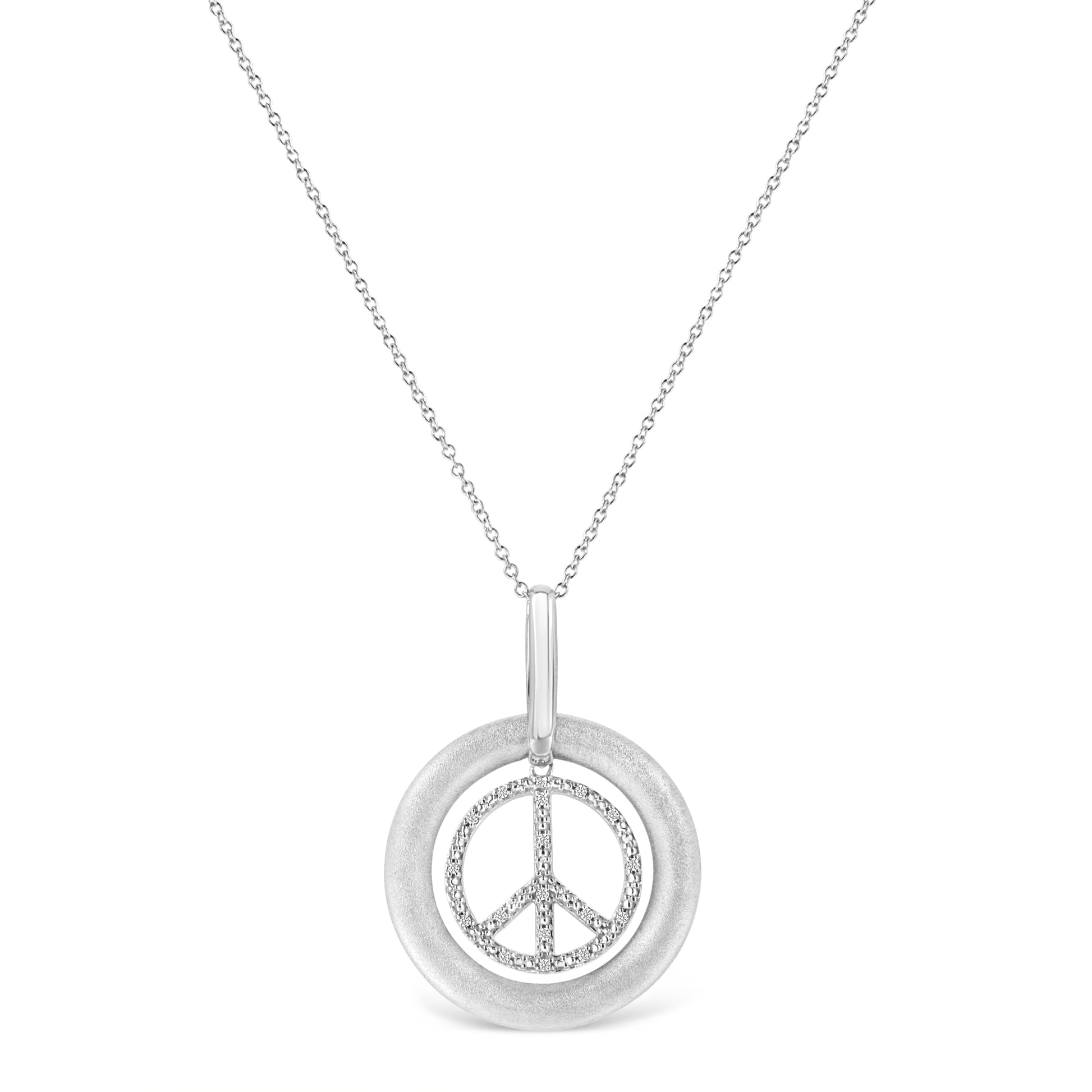 Matte Finish.925 Sterling Silver Diamond Accent Dancing Peace Sign 18’’