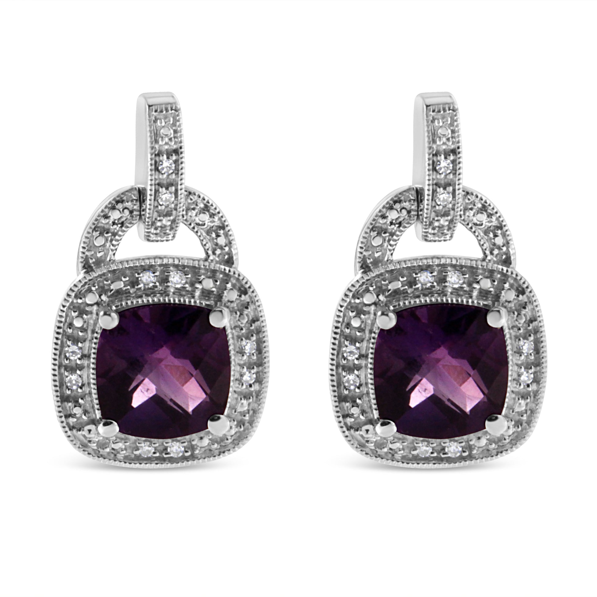 .925 Sterling Silver 8MM Natural Cushion Shaped Amethyst and Diamond Accent