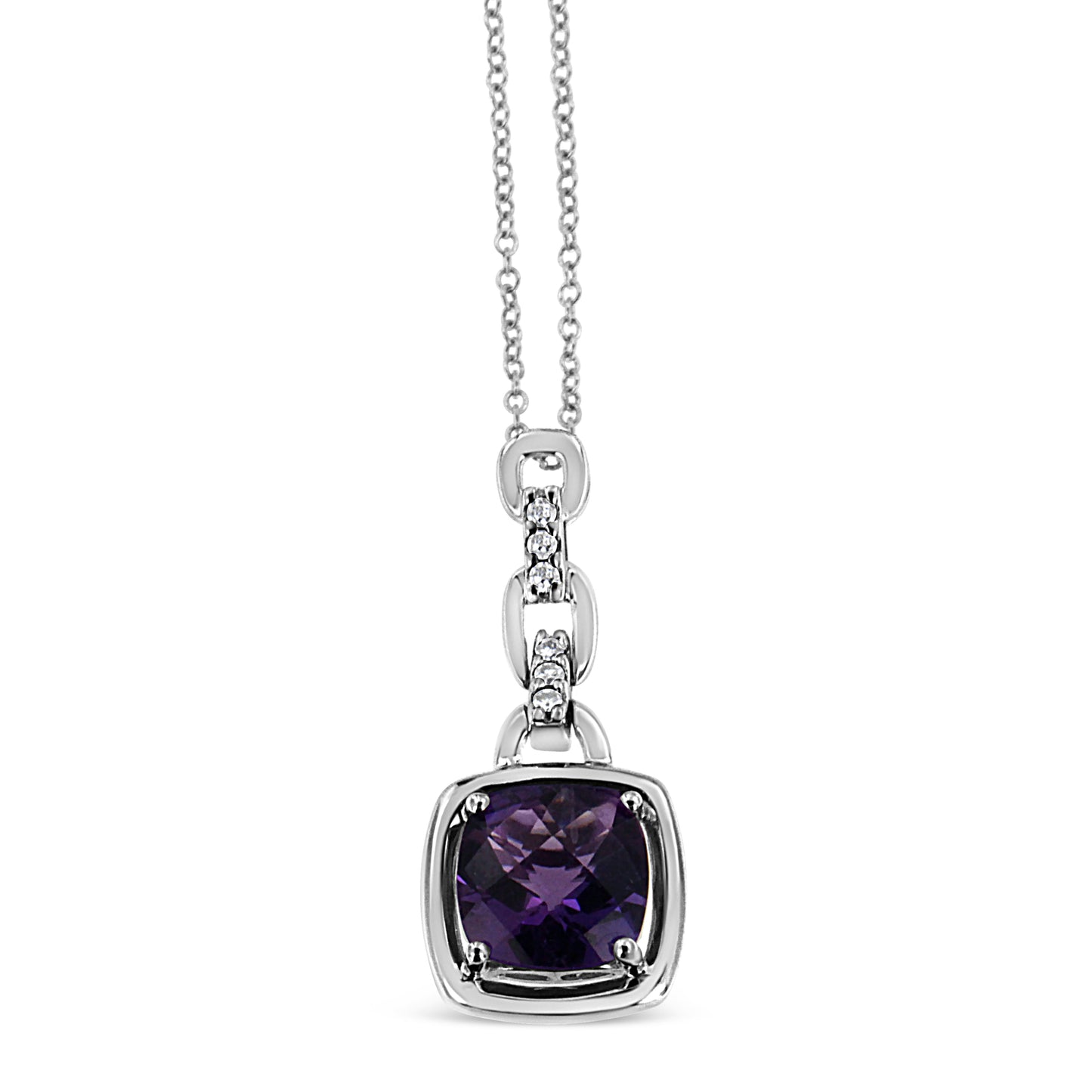 .925 Sterling Silver 6x6MM Cushion Shaped Natural Purple Amethyst and Diamond