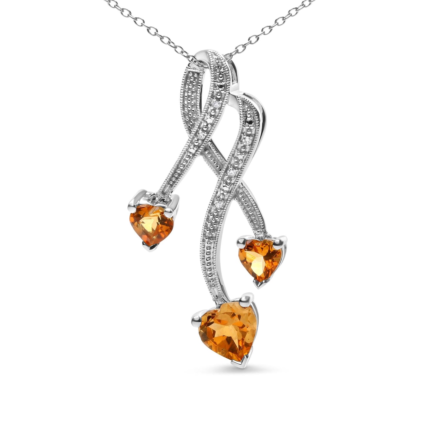 .925 Sterling Silver 3-Stone Heart Shape Citrine and Diamond Accent Spiral Drop