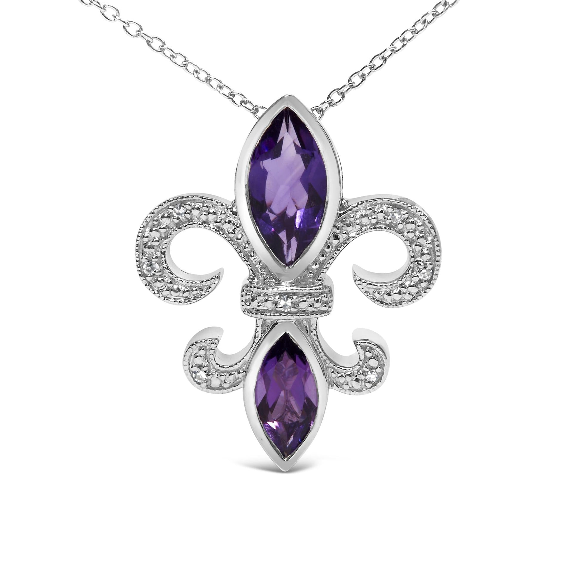 .925 Sterling Silver Purple Amethyst Marquise and Diamond Accent Fleur De Lis