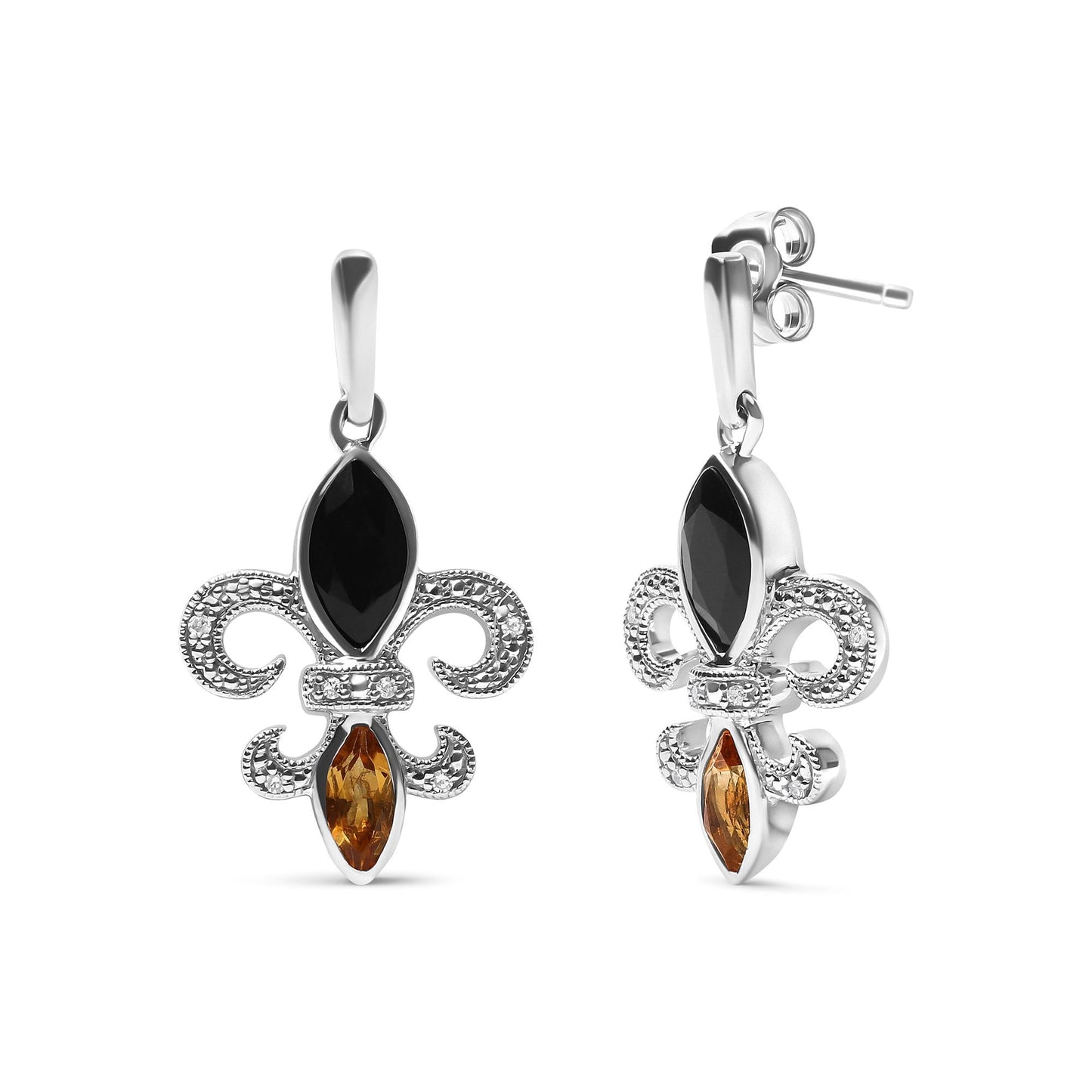 .925 Sterling Silver Marquise Cut Onyx and Citrine with Diamond Accent Fleur De