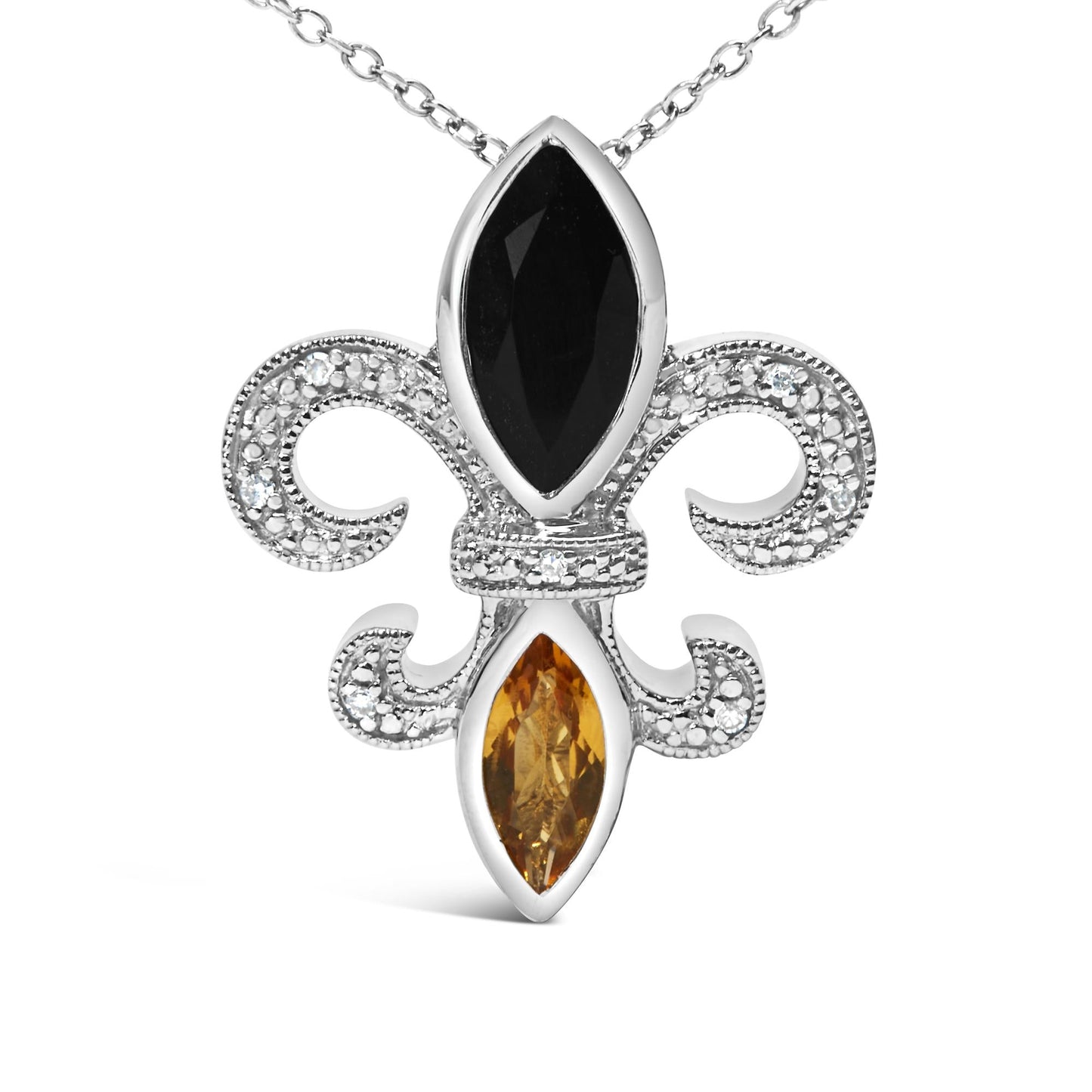 .925 Sterling Silver Marquise Onyx and Citrine and Diamond Accent Fleur De Lis