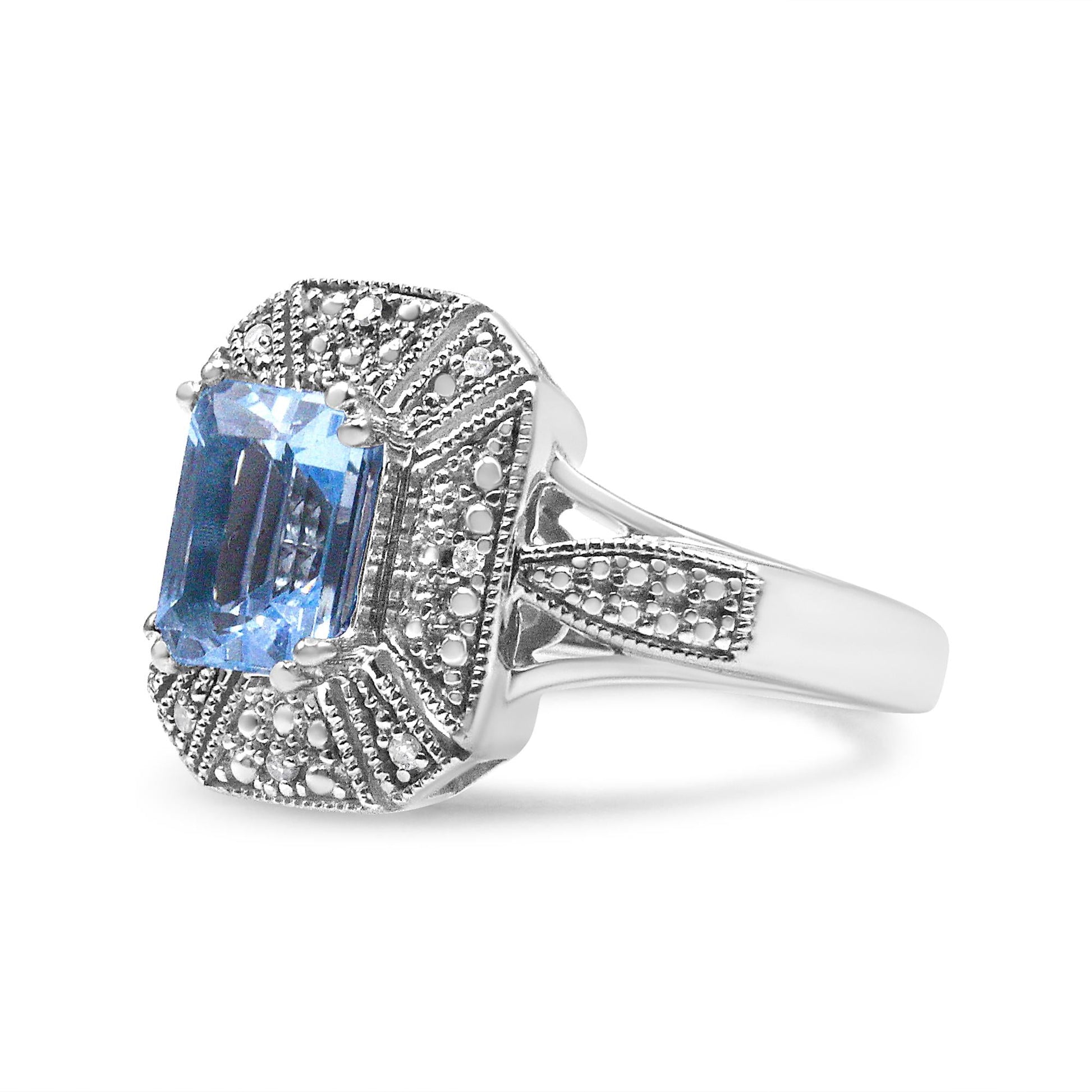 .925 Sterling Silver Diamond Accent and 8X6 mm Emerald-Shape Blue Topaz Ring