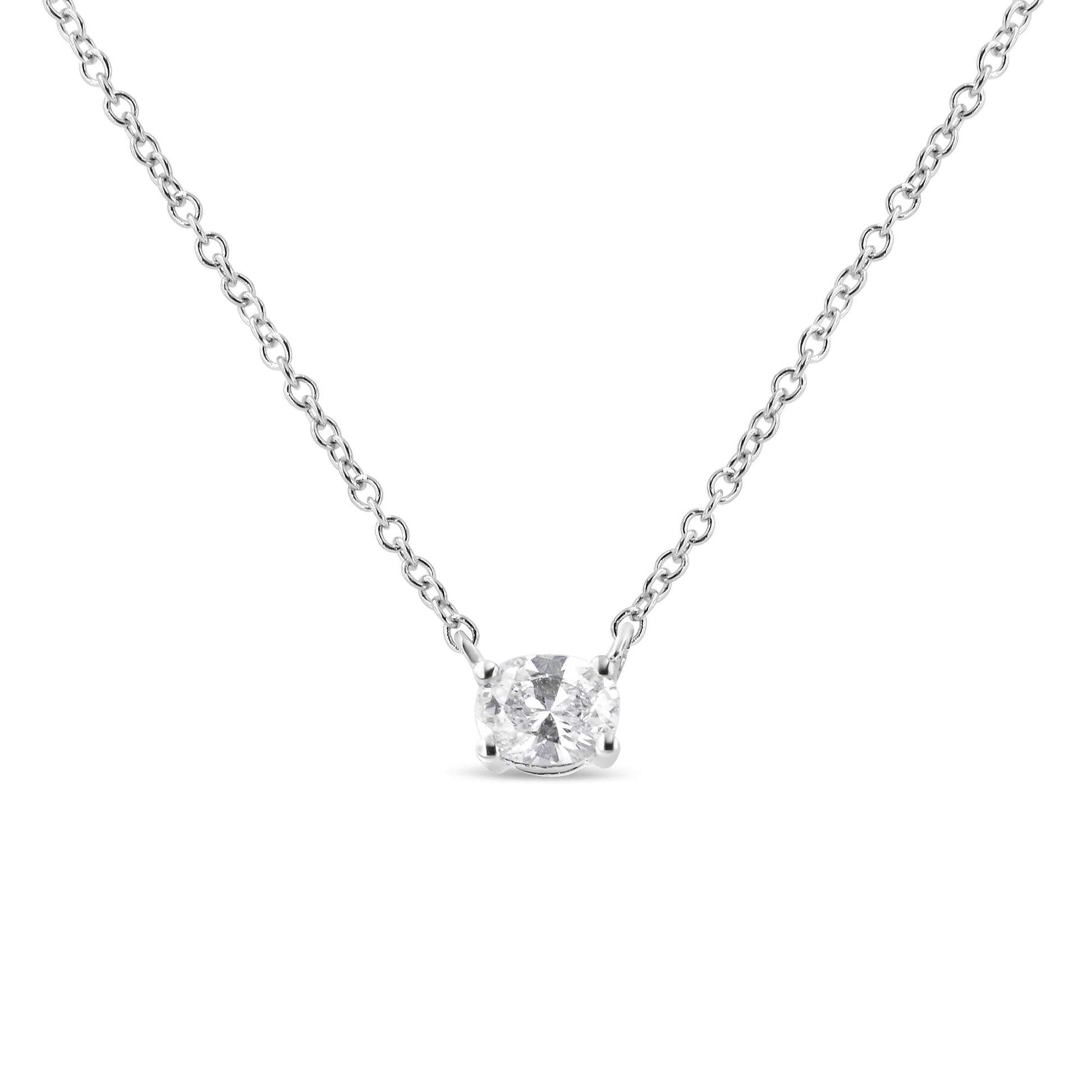 14K White Gold 1/5 Cttw Oval Shape Solitaire Diamond East West 18’’ Pendant