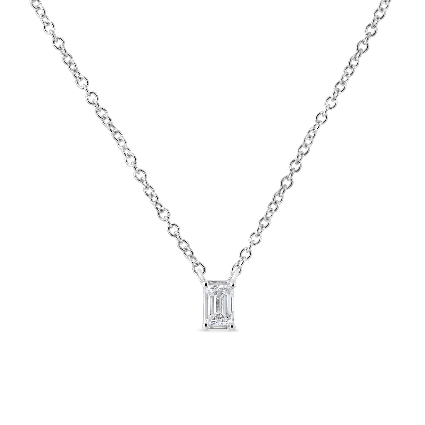 14K White Gold 1/3 Cttw Emerald Shape Solitaire Diamond 18’’ Pendant