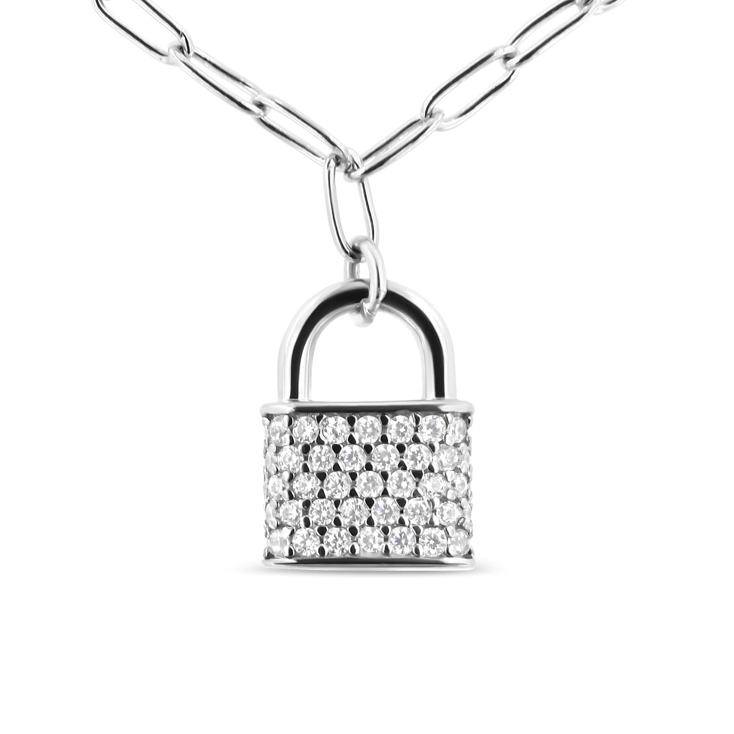 .925 Sterling Silver 1/4 Cttw Diamond Lock Pendant Necklace with Paperclip