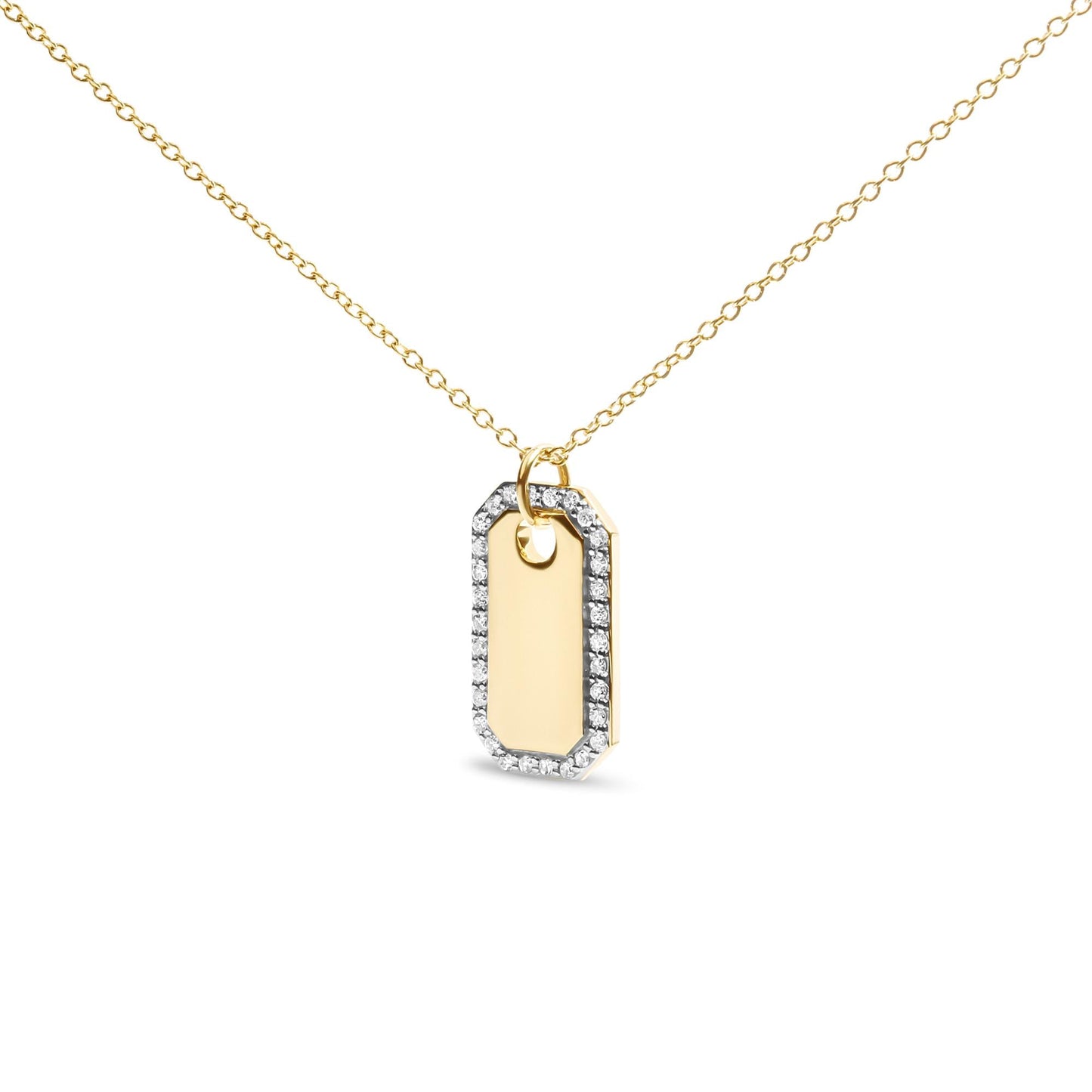 14K Yellow Gold 1/4 Cttw Diamond Halo Octagonal Dog Tag Pendant 18’’