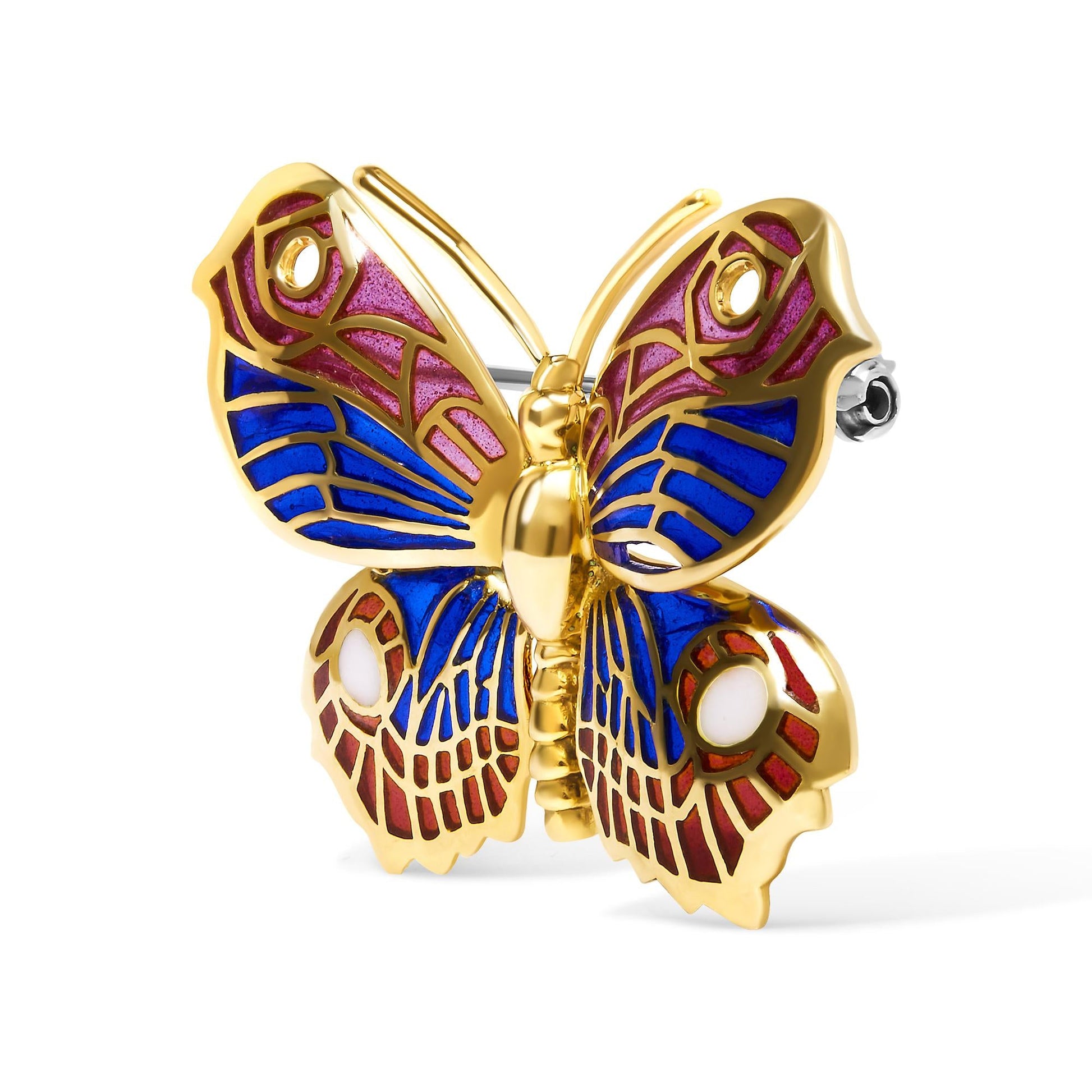 18K Yellow Gold Red Blue and White Enameled Butterfly Brooch Pin - Brooches