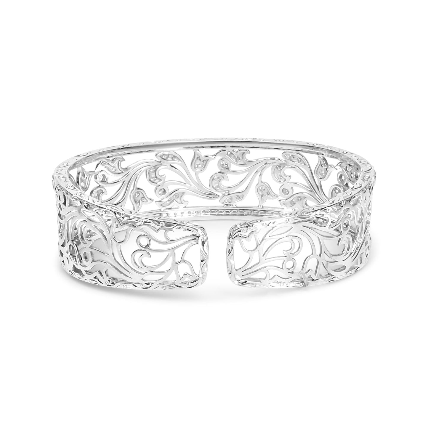 18K White Gold 3 1/4 Cttw Pave Diamond Openwork Floral Filigree Swirl Bangle