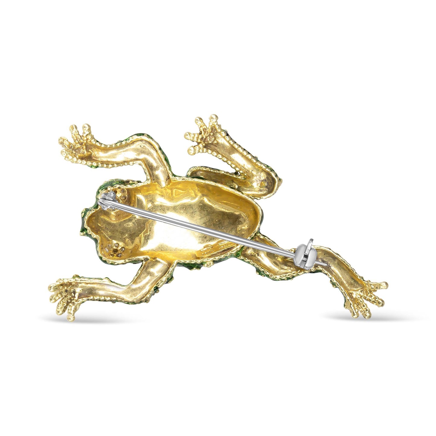 18K Yellow Gold 1/6 Cttw Diamond Green Frog Enamel Floral Brooch Pin (H-I Color