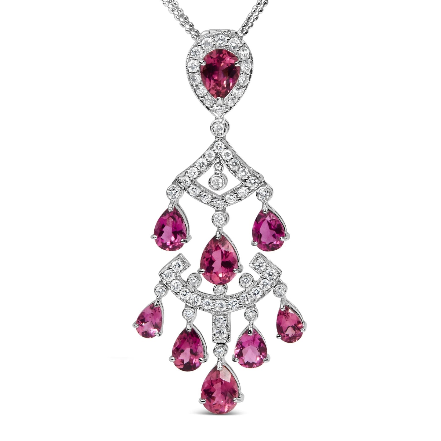 18K White Gold 1 1/10 Cttw Diamond and Pink Tourmaline Double-Strand Art Deco Inspired Chandelier 18" Pendant Necklace (F-G Color, VVS2-VS1 Clarity)