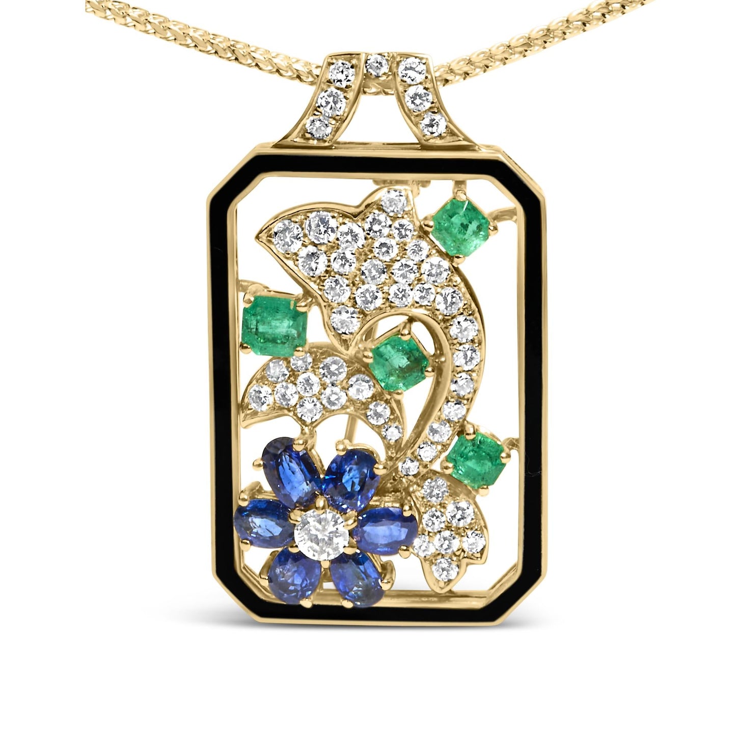 18K Yellow Gold 2 1/3 Cttw Diamond, Sapphire, and Emerald Dog Tag with Dolphin Silhouette Convertible 18" Pendant Necklace and Brooch (G-H Color, SI1-SI2 Clarity)