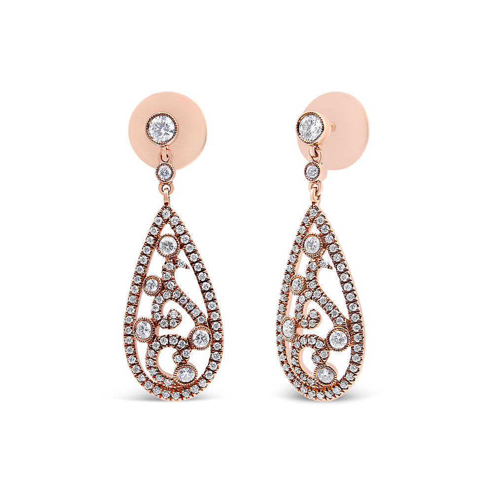 18K Rose Gold 1 1/4 Cttw Diamond Teardrop Shaped Drop and Dangle Screw Back