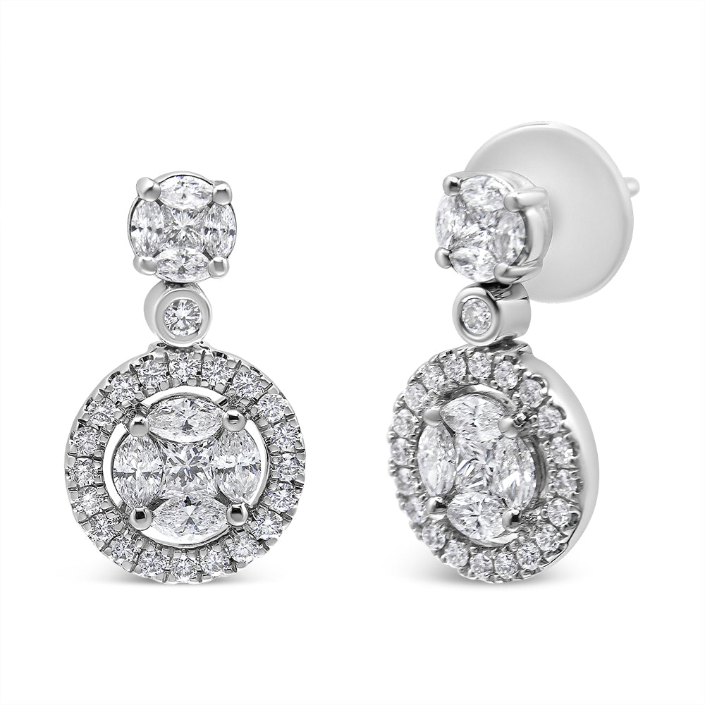 18K White Gold 2.0 Cttw Round Shape Diamond Composite Halo Dangle Stud Earring