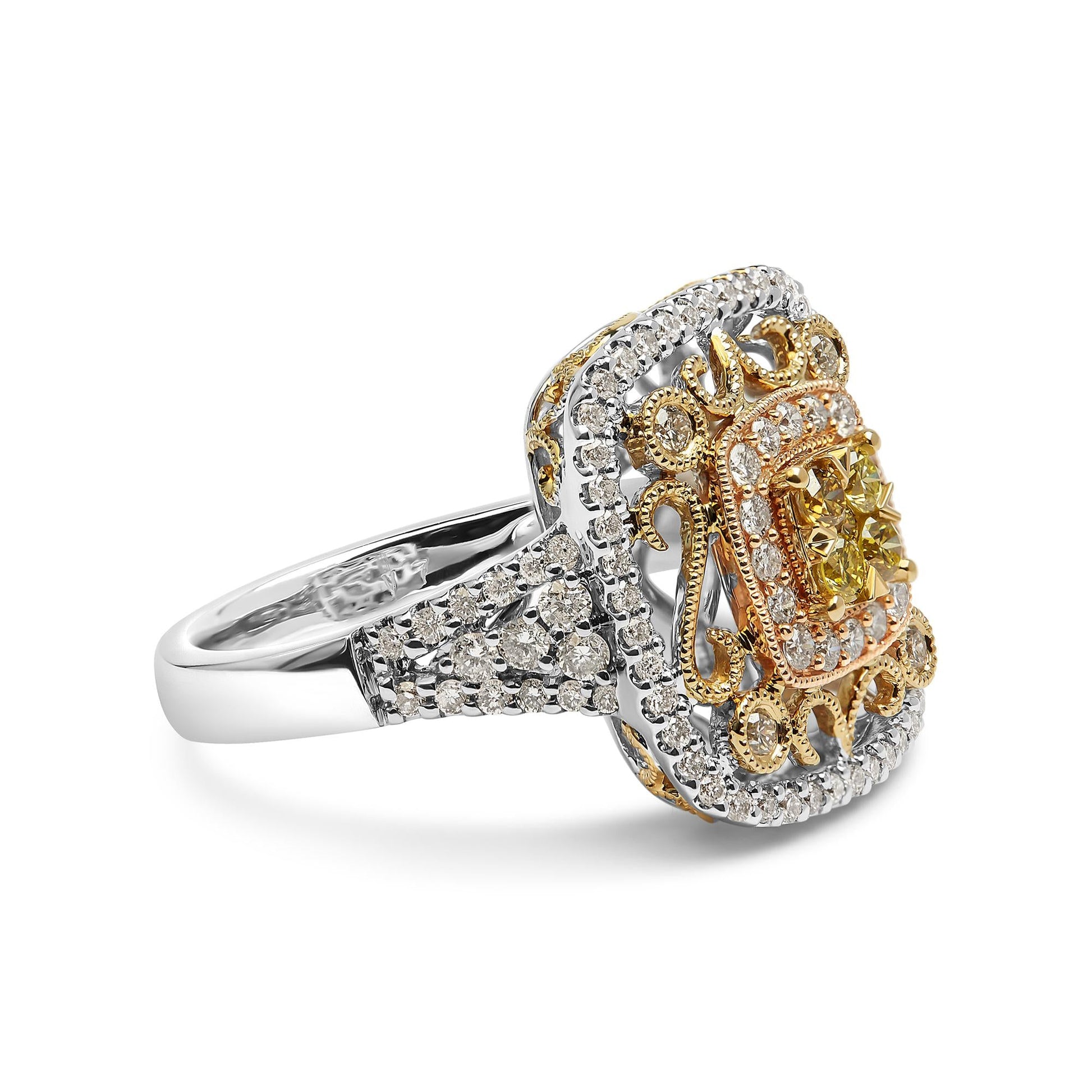 14K Tri-Toned Gold 1.00 Cttw Yellow Diamond Halo and Milgrain Cocktail Cluster