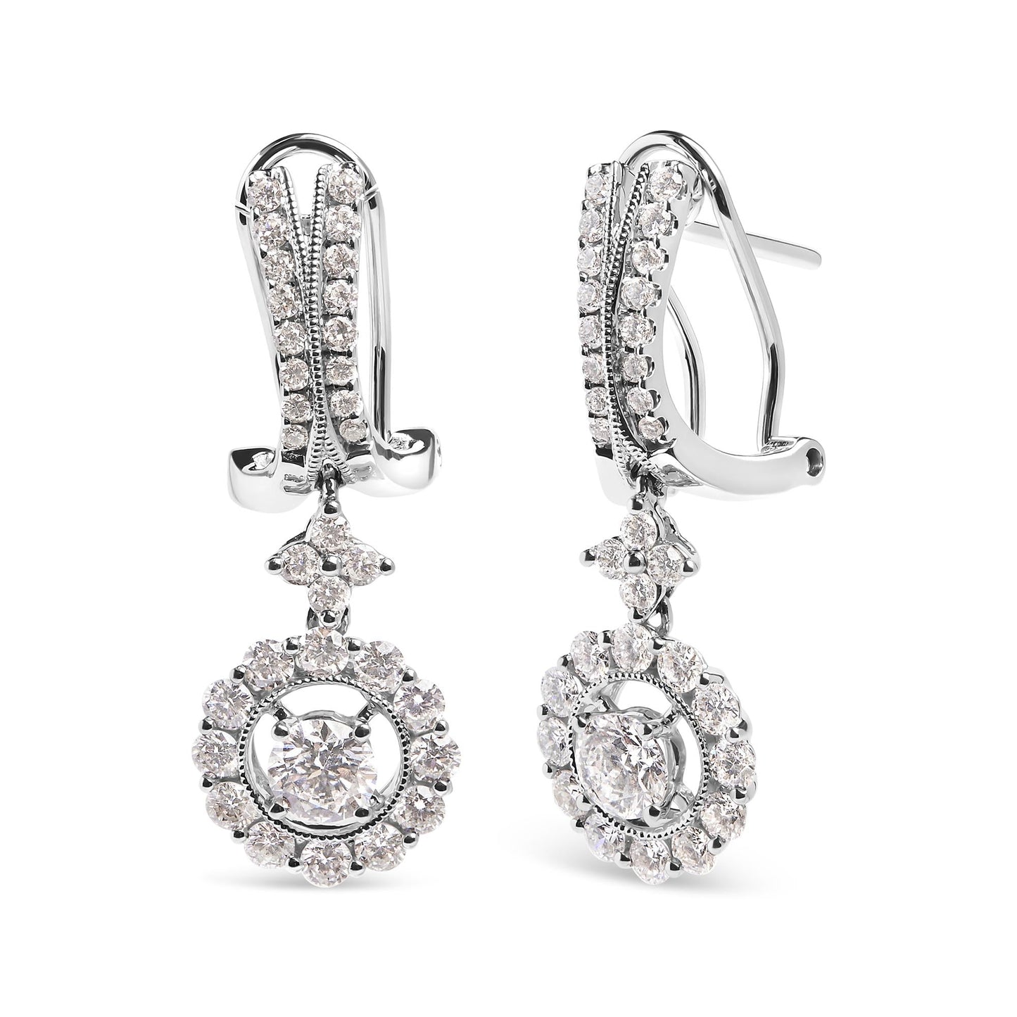 14K White Gold 1 7/8 Cttw Diamond Drop and Dangle Halo Earring with Omega Back