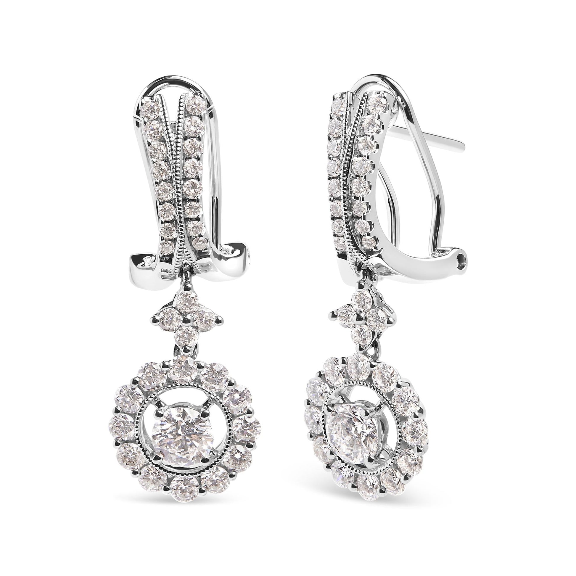 14K White Gold 1 7/8 Cttw Diamond Drop and Dangle Halo Earring with Omega Back