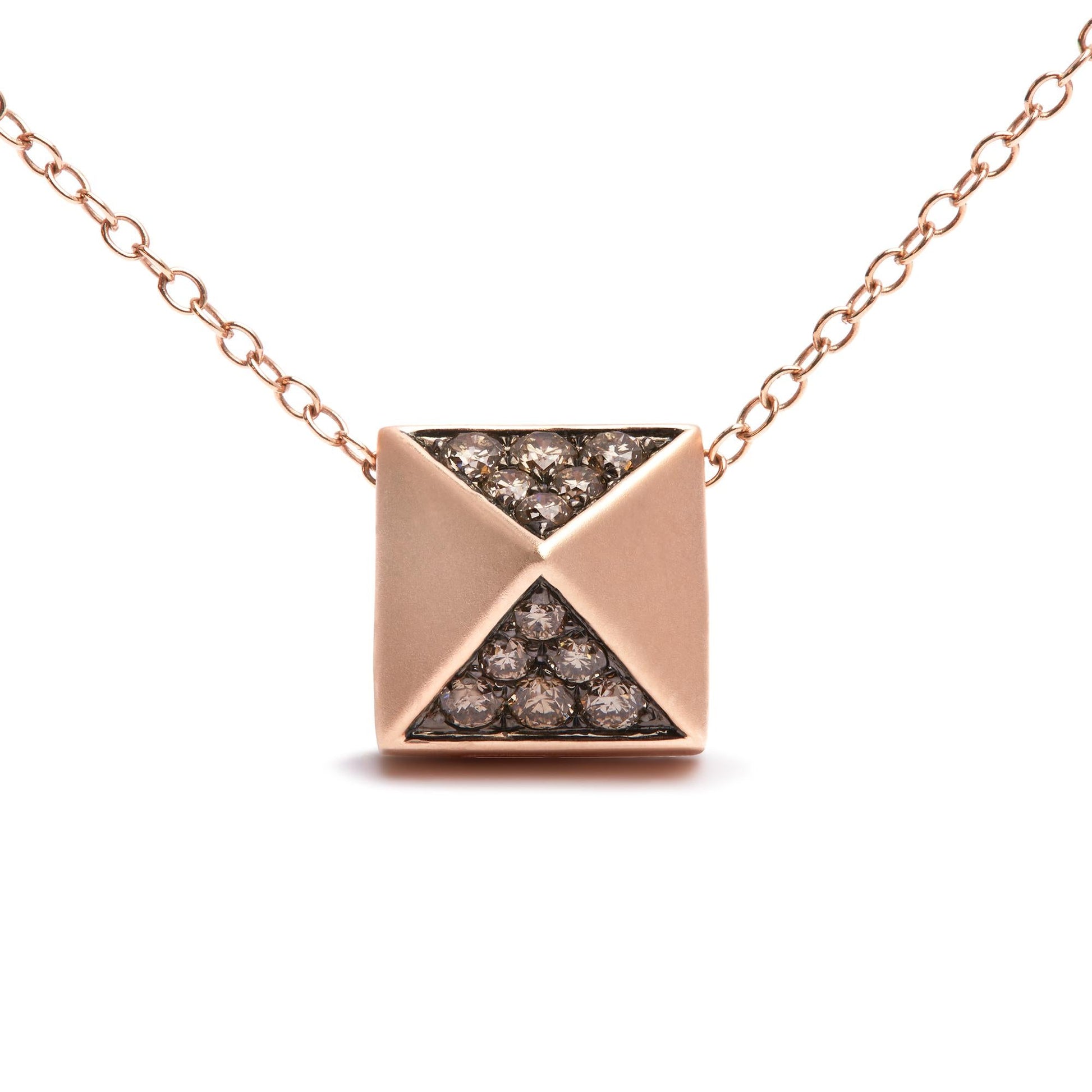 14K Rose Gold 1/4 Cttw Brown Diamond Matte Finished Pyramid Pendant Necklace