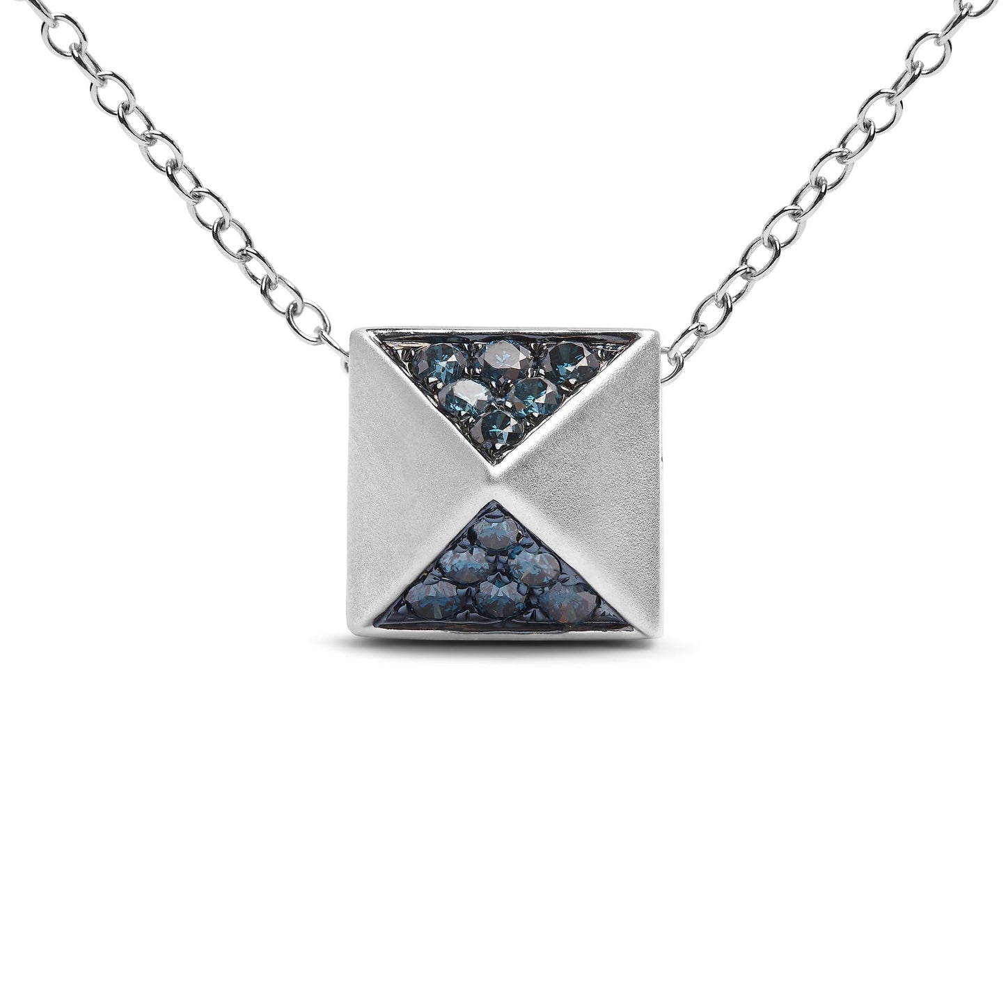 14K White Gold 1/4 Cttw Treated Blue Diamond Matte Finished Pyramid Pendant