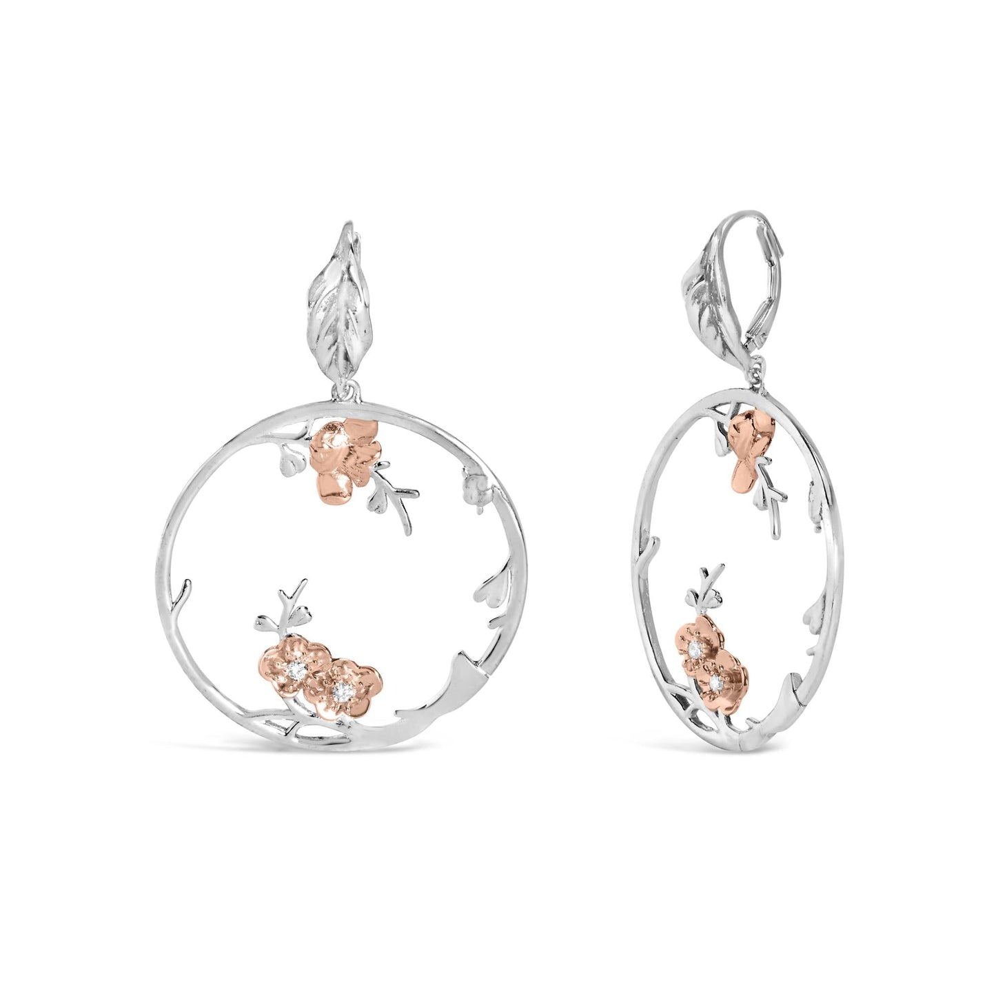 Rose Gold Plated.925 Sterling Silver 1/10 Cttw Diamond Floral Hoop Earrings