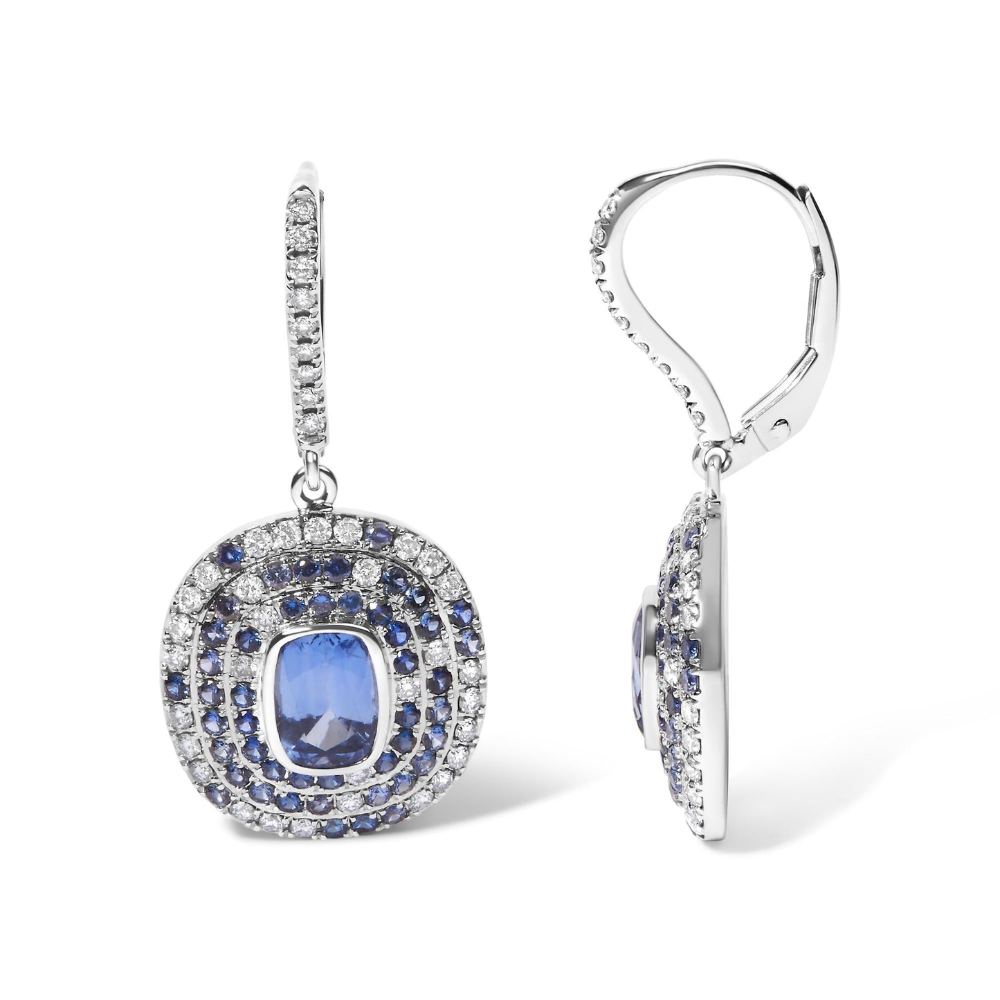 18K White Gold Natural Blue Sapphire and Diamond Scattered Halo Drop and Dangle