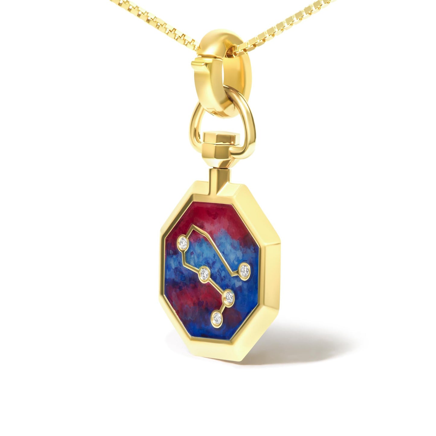 18K Yellow Gold Diamond Gemini Constellation with Red and Blue Enamel 18’’