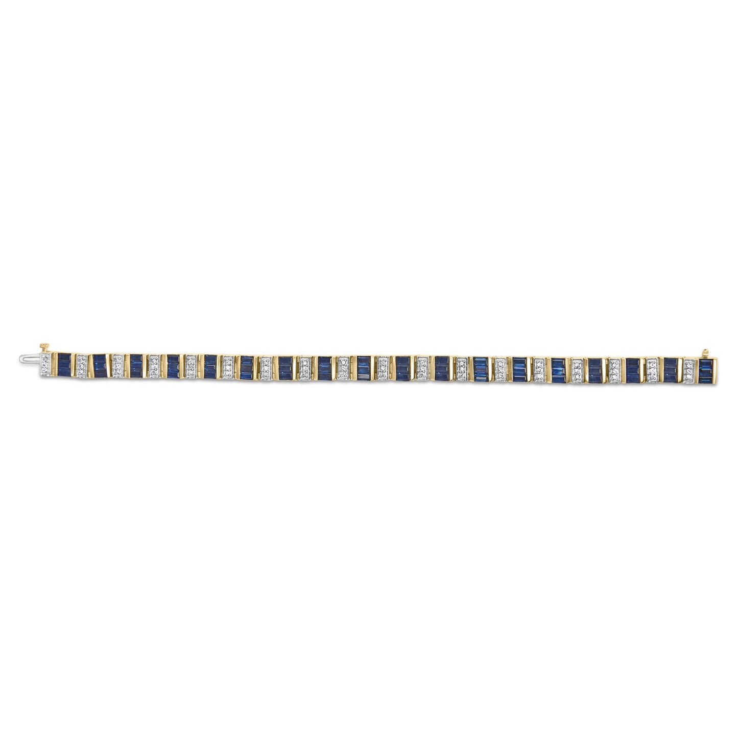 14ct Yellow Gold 2/5 Cttw Diamond & 8.0 Cttw Baguette Cut Blue Sapphire Alternating Link Bracelet (G-H Color, VS1-VS2 Clarity) - 7" Inches