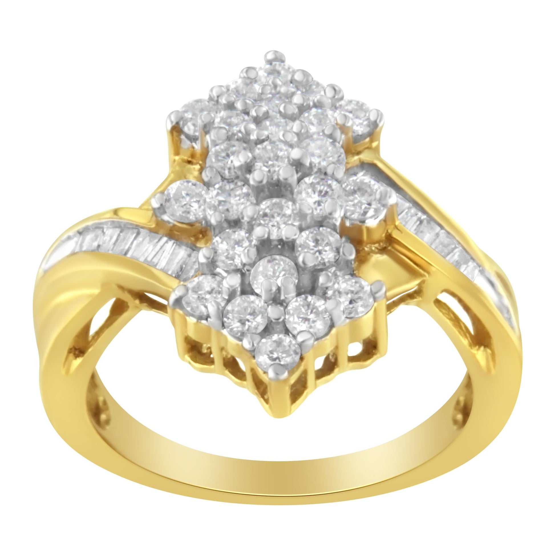 10K Yellow Gold Round And Baguette Cut Diamond Cluster Ring (1 1/10 Cttw H-I