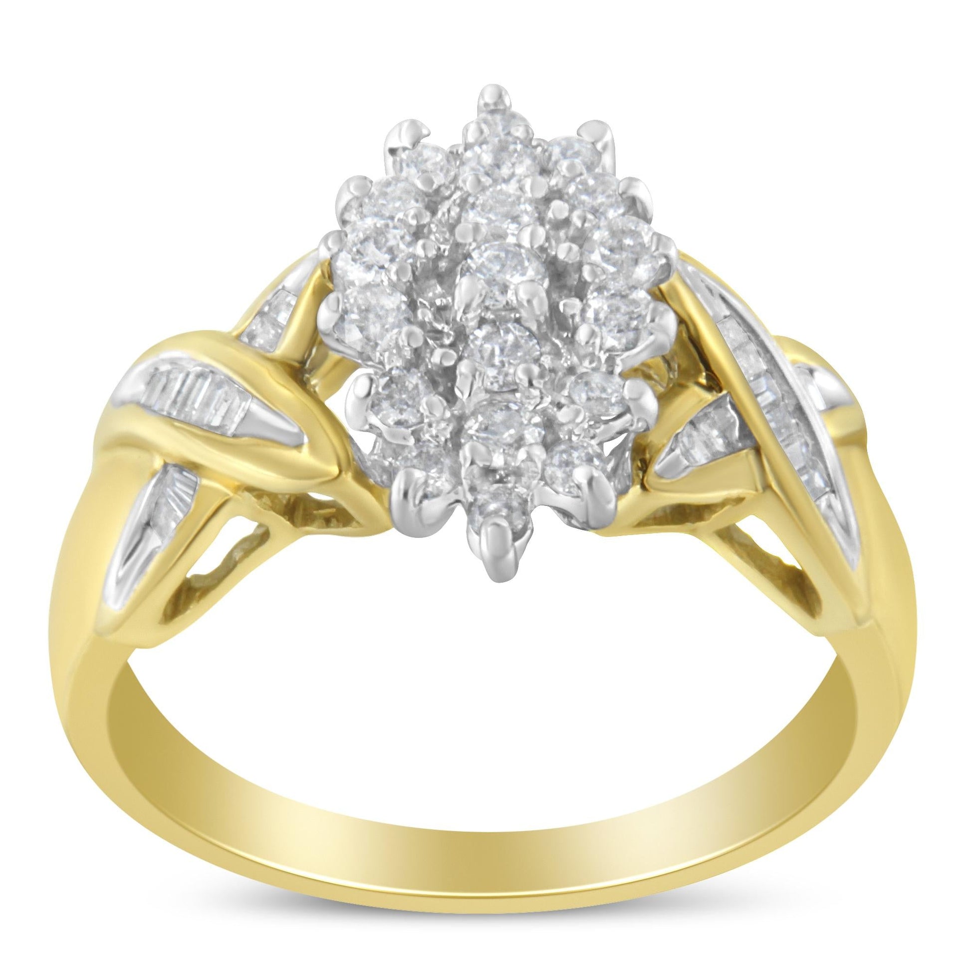 10K Two-Toned Round Baguette Diamond Cluster Ring (1/2 Cttw I-J Color I2-I3