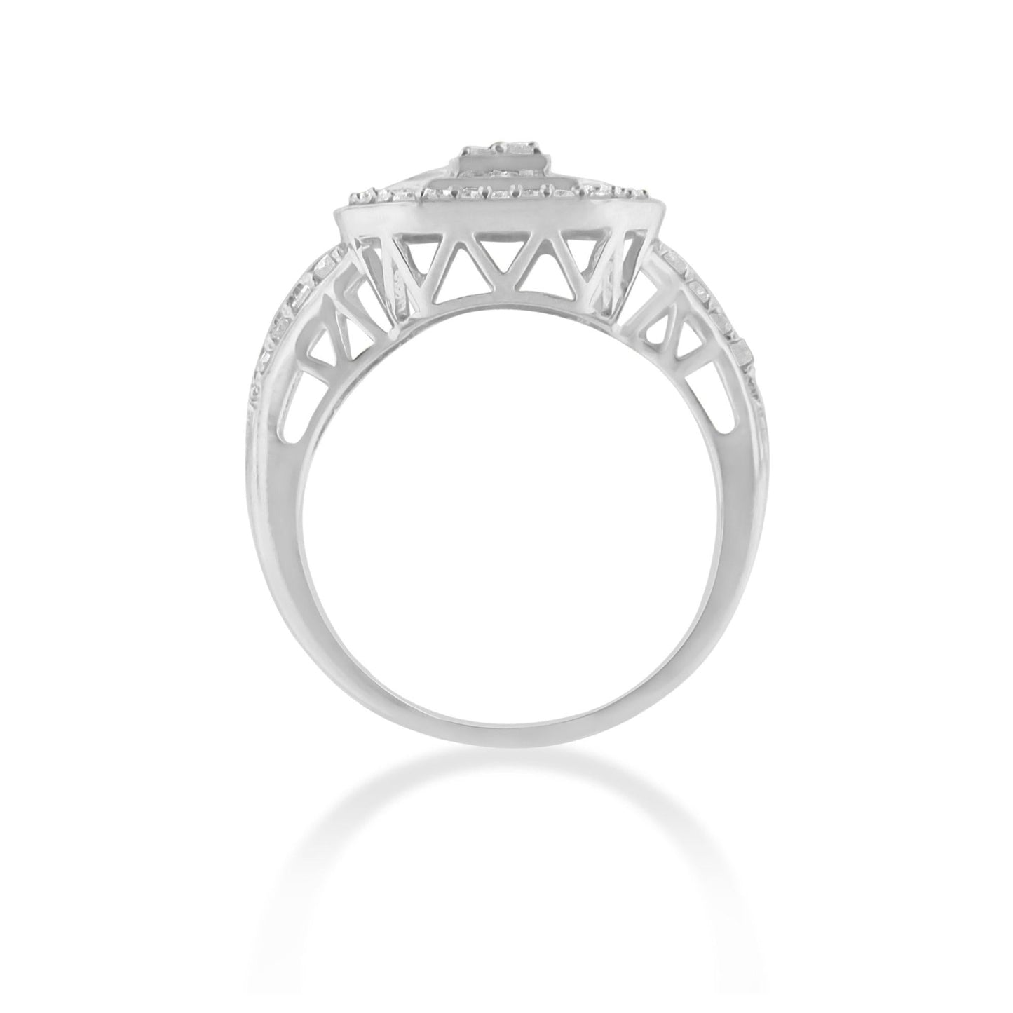 .925 Sterling Silver 1.0 Cttw Round and Baguette Cut Diamond Elongated Octagon Shaped Cocktail Ring (H-I Color, I2-I3 Clarity)