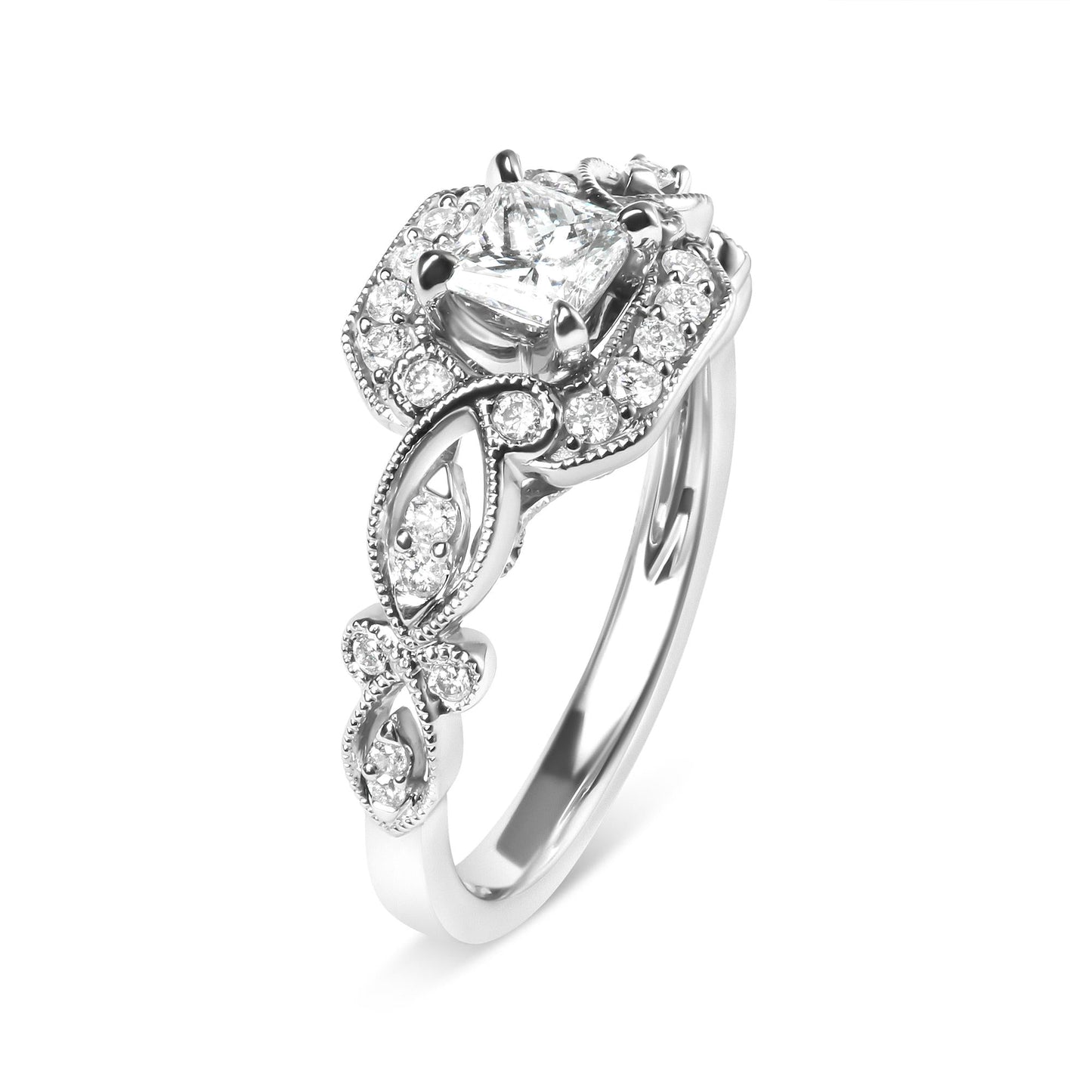 14K White Gold Diamond 3/4 Cttw Diamond Halo Style and Woven Shank Engagement Ring (G-H Color, VS2-SI1 Clarity) - Size 7