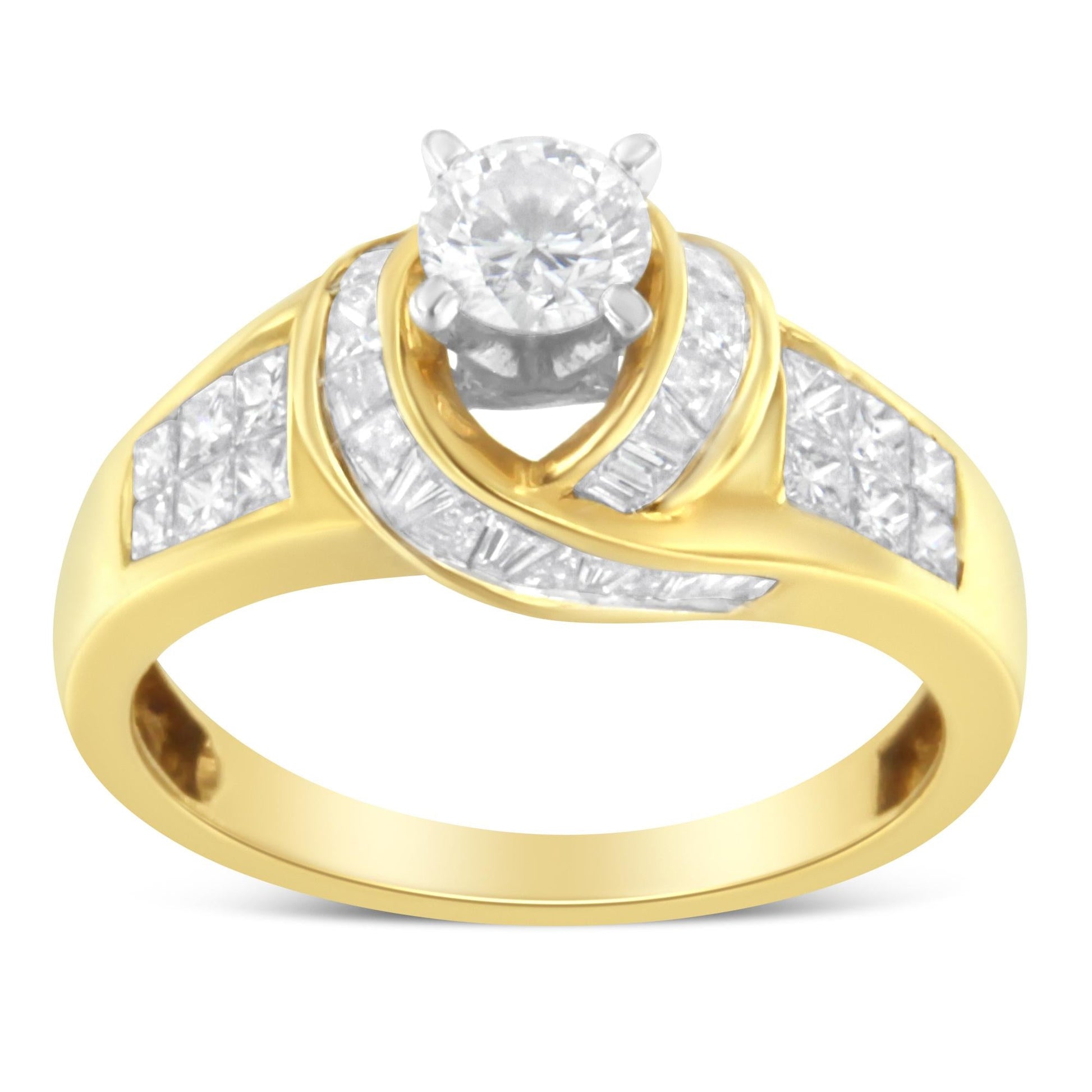 14K Two-Toned Gold Round Baguette and Princess Cut Diamond Ring (1 1/8 Cttw H-I