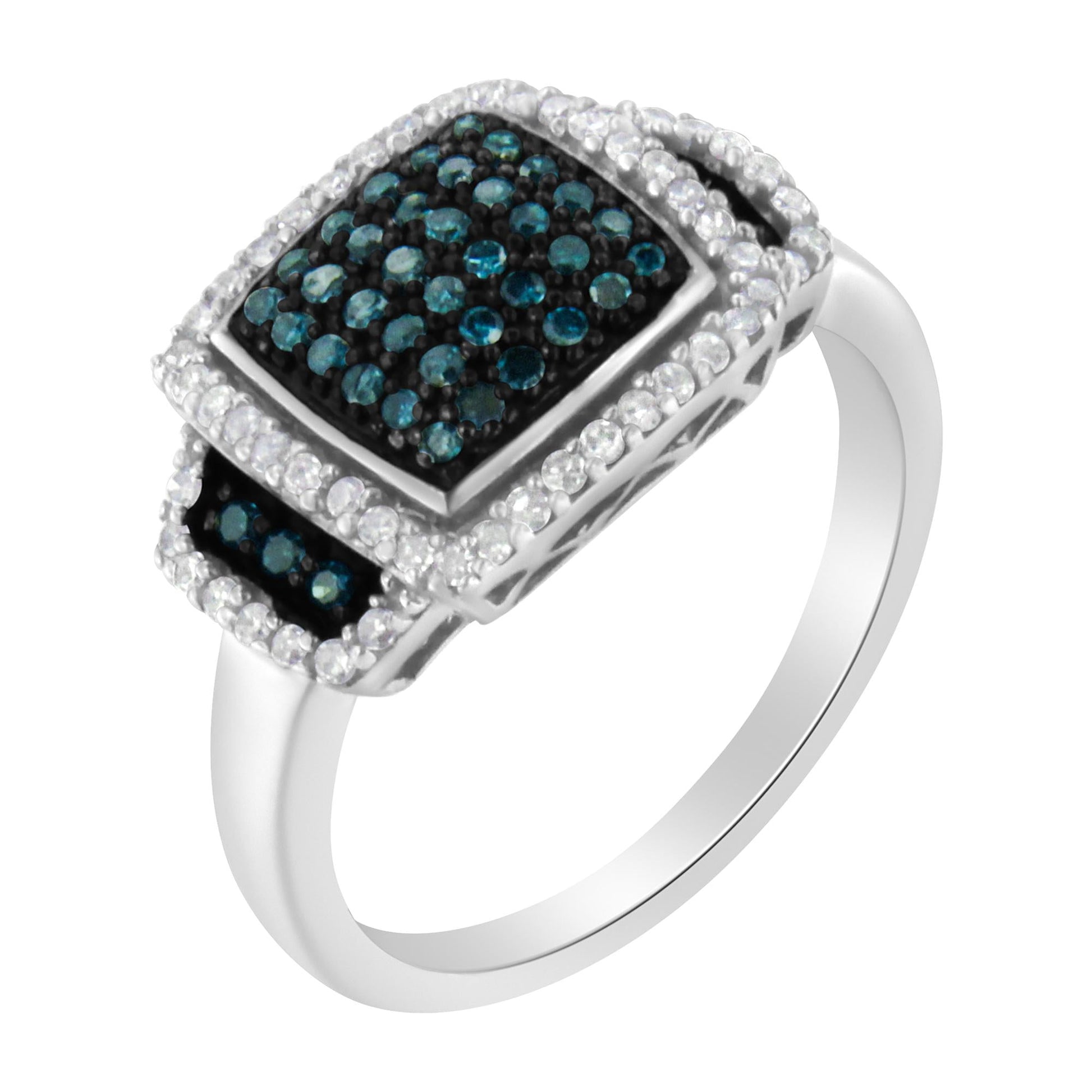 Black Rhodium Plated.925 Sterling Silver 1/2 Cttw White & Blue Diamond Square