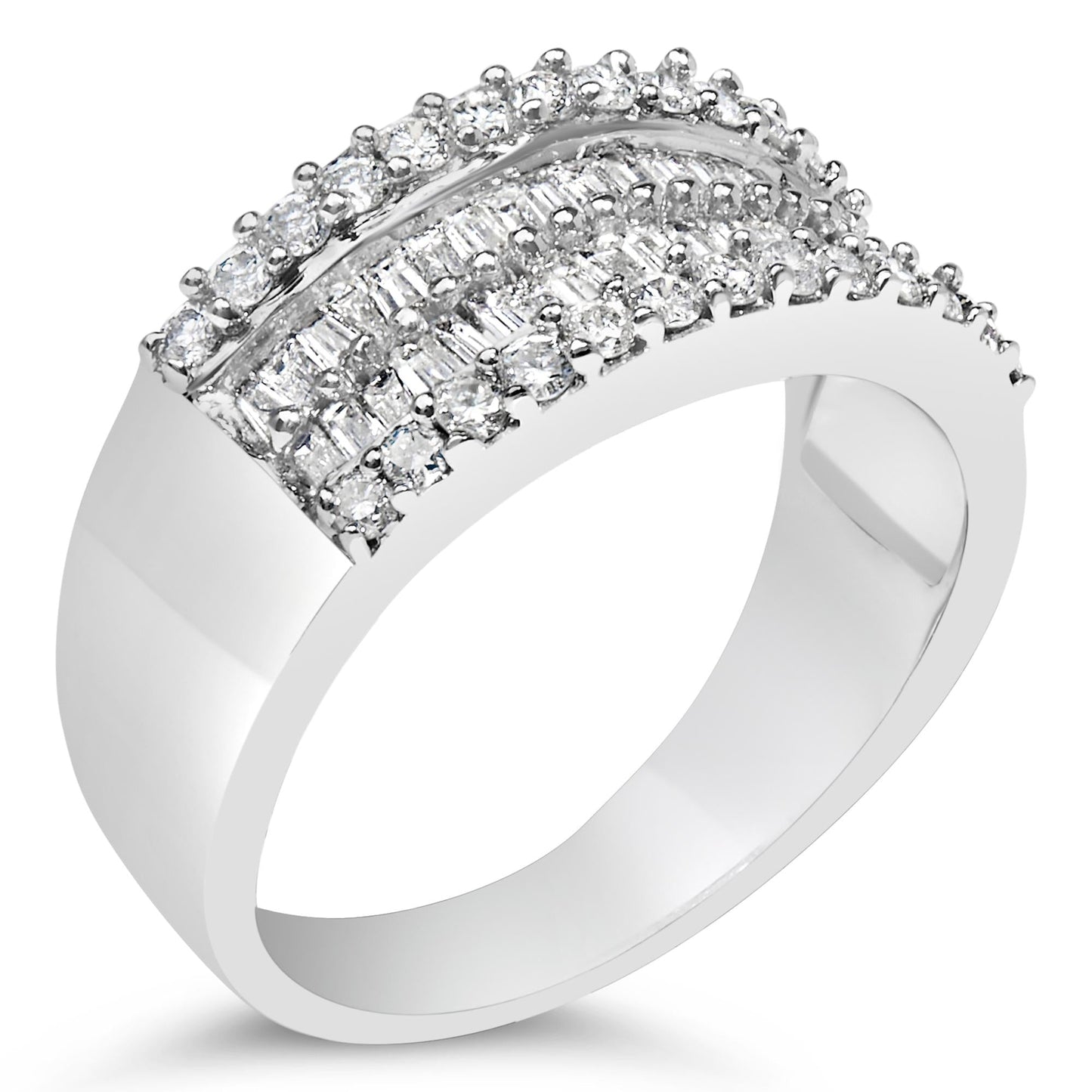 14K White Gold 1.0 Cttw 4 Row Round Baguette Diamond Band Ring (H-I Color, SI1-SI2 Clarity) - Ring Size 7