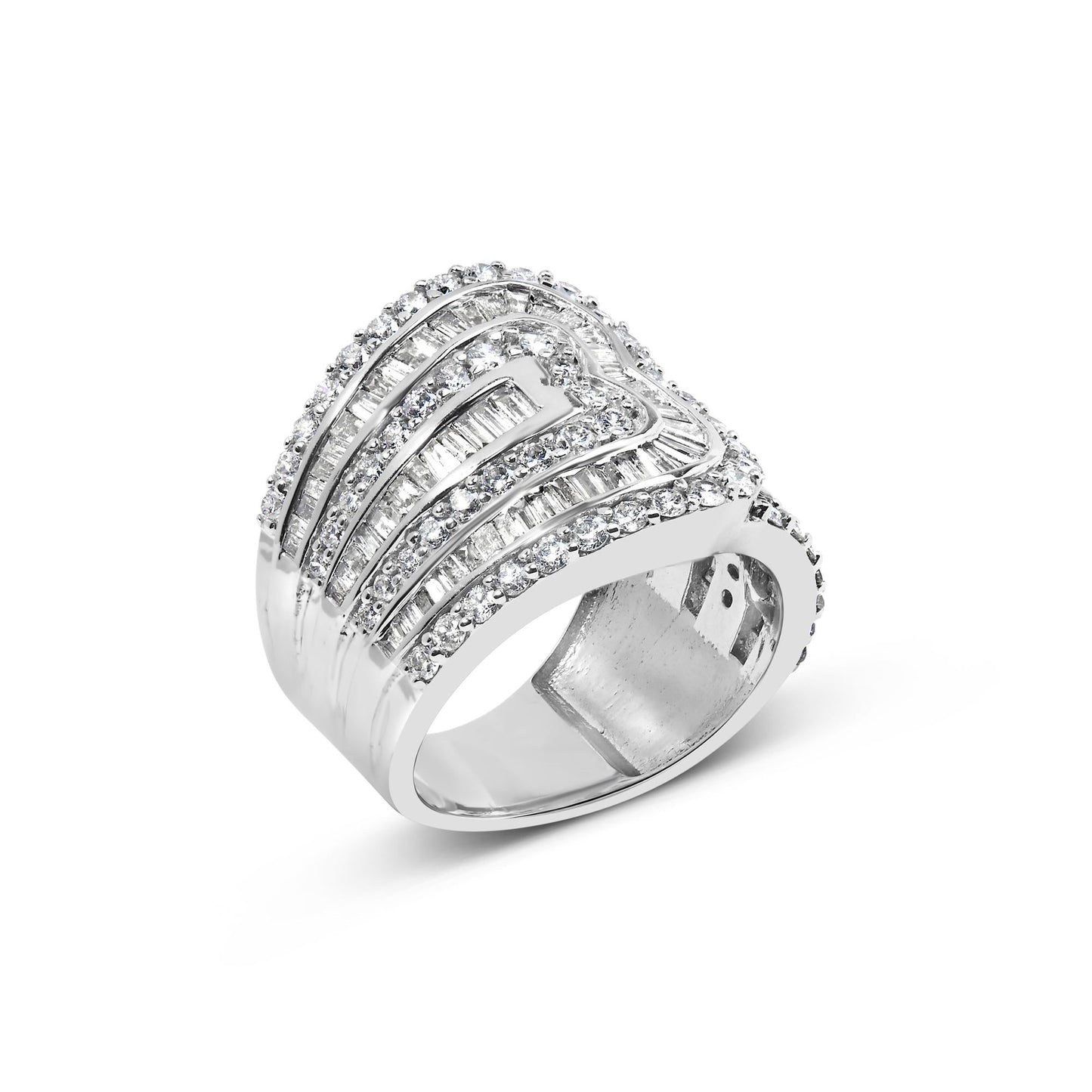 10K White Gold 2 1/2 Cttw Round and Baguette-Cut Diamond Multi-Row Bypass Ring