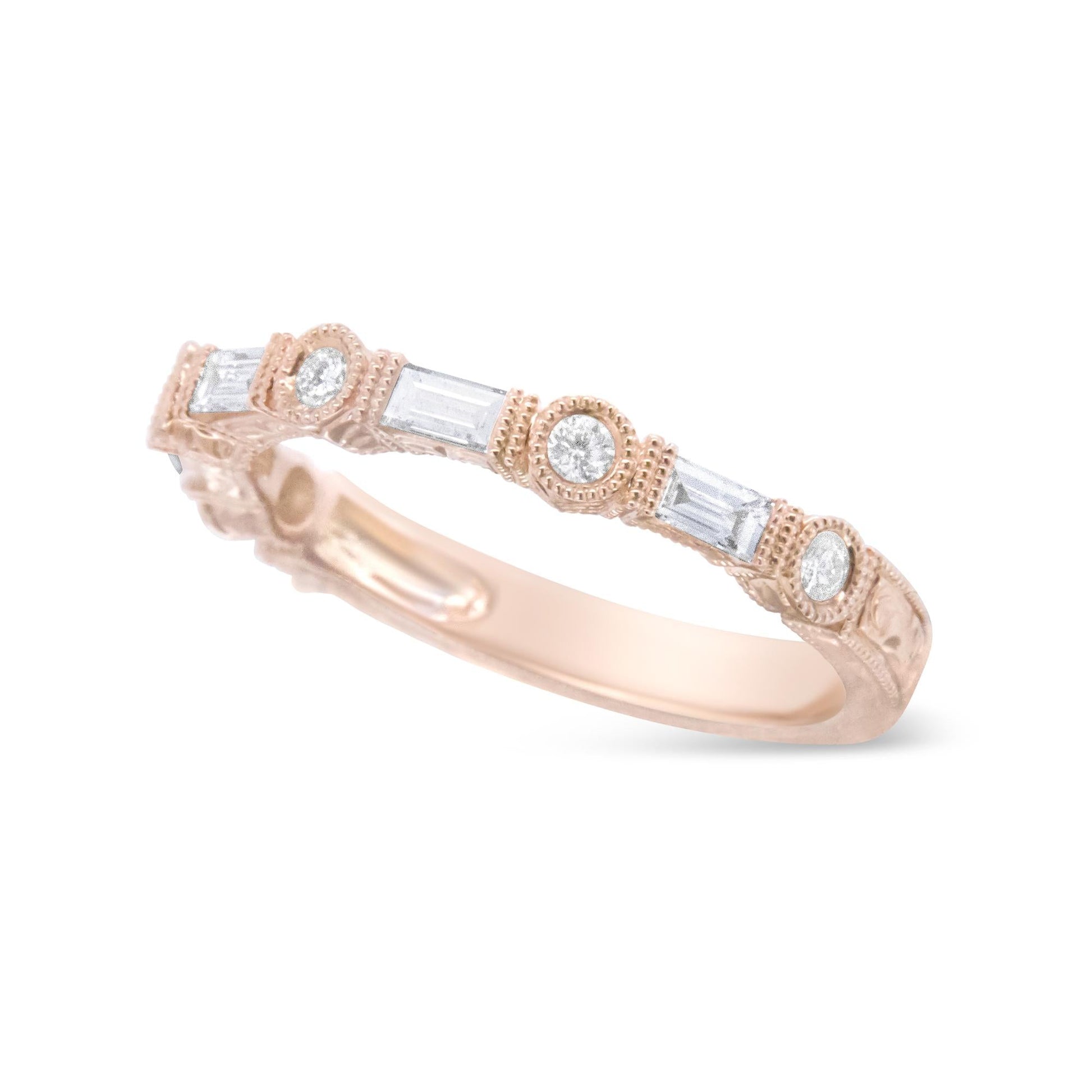 14K Rose Gold 3/8 Cttw Baguette and Round Diamond Bridal Band - (H-I Color