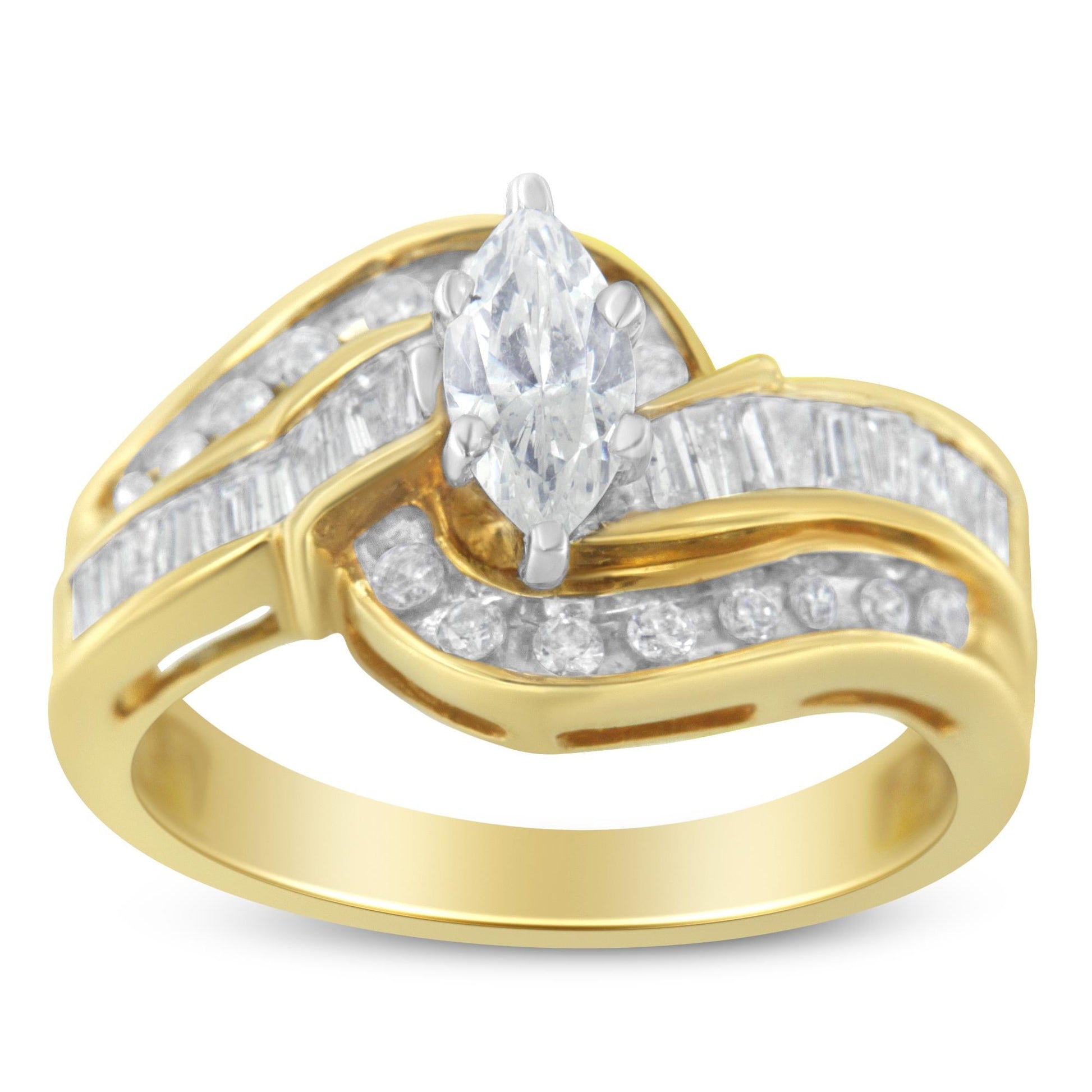 14KT Two-Toned Gold Marquise Baguette and Round Cut Diamond Bypass Ring (1 cttw