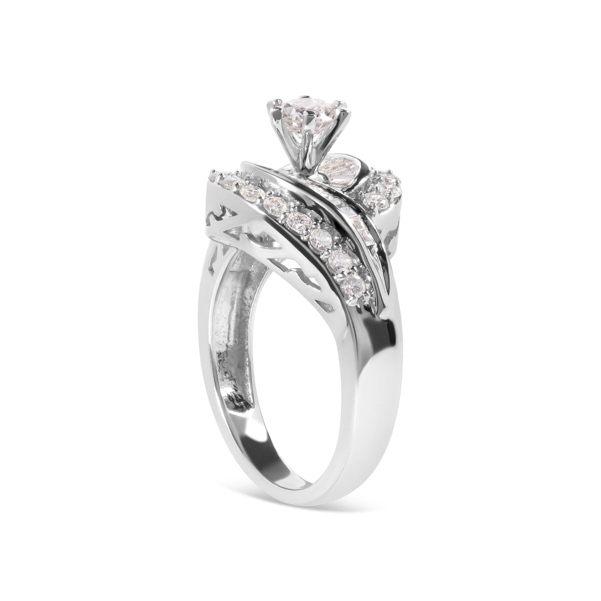 14K White Gold 1.00 Cttw Round and Baguette cut Diamond Swirl Cocktail Ring