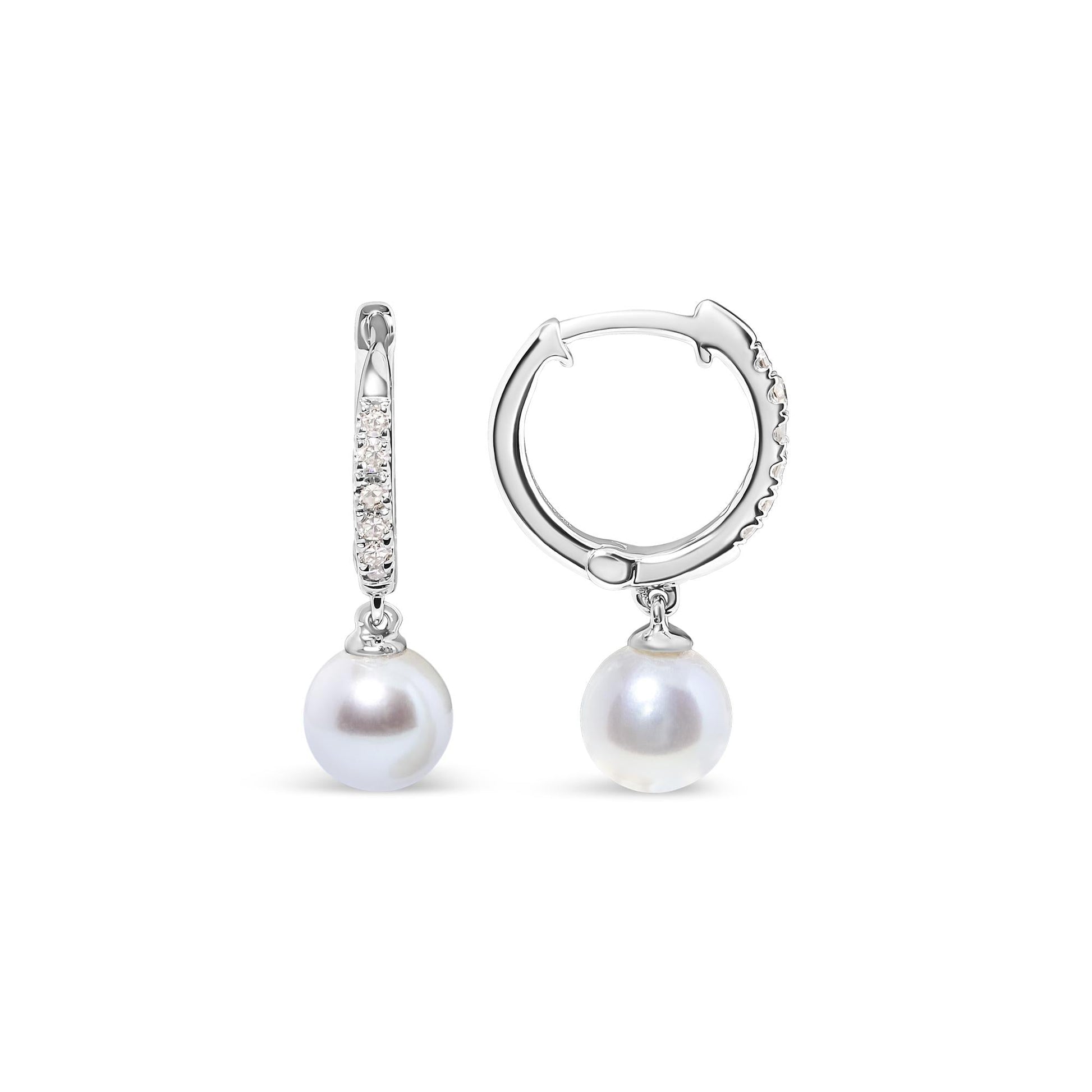 10K White Gold 6x6 MM Cultured Freshwater Pearl and Diamond Accent Drop Huggy